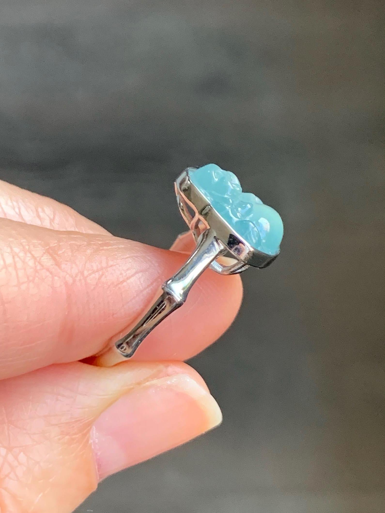 Certified Natural Guatemalan Icy Highly Translucent Light Teal Blue Jadeite Buddha Bamboo Ring Sterling Silver Sz 7.25 天然冰危蓝起光翡翠佛公竹节款戒指 7402