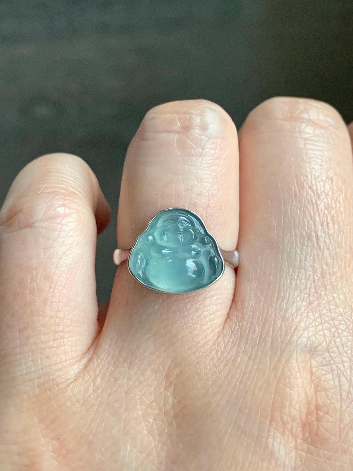 Certified Natural Guatemalan Icy Highly Translucent Light Teal Blue Jadeite Buddha Bamboo Ring Sterling Silver Sz 7.25 天然冰危蓝起光翡翠佛公竹节款戒指 7402