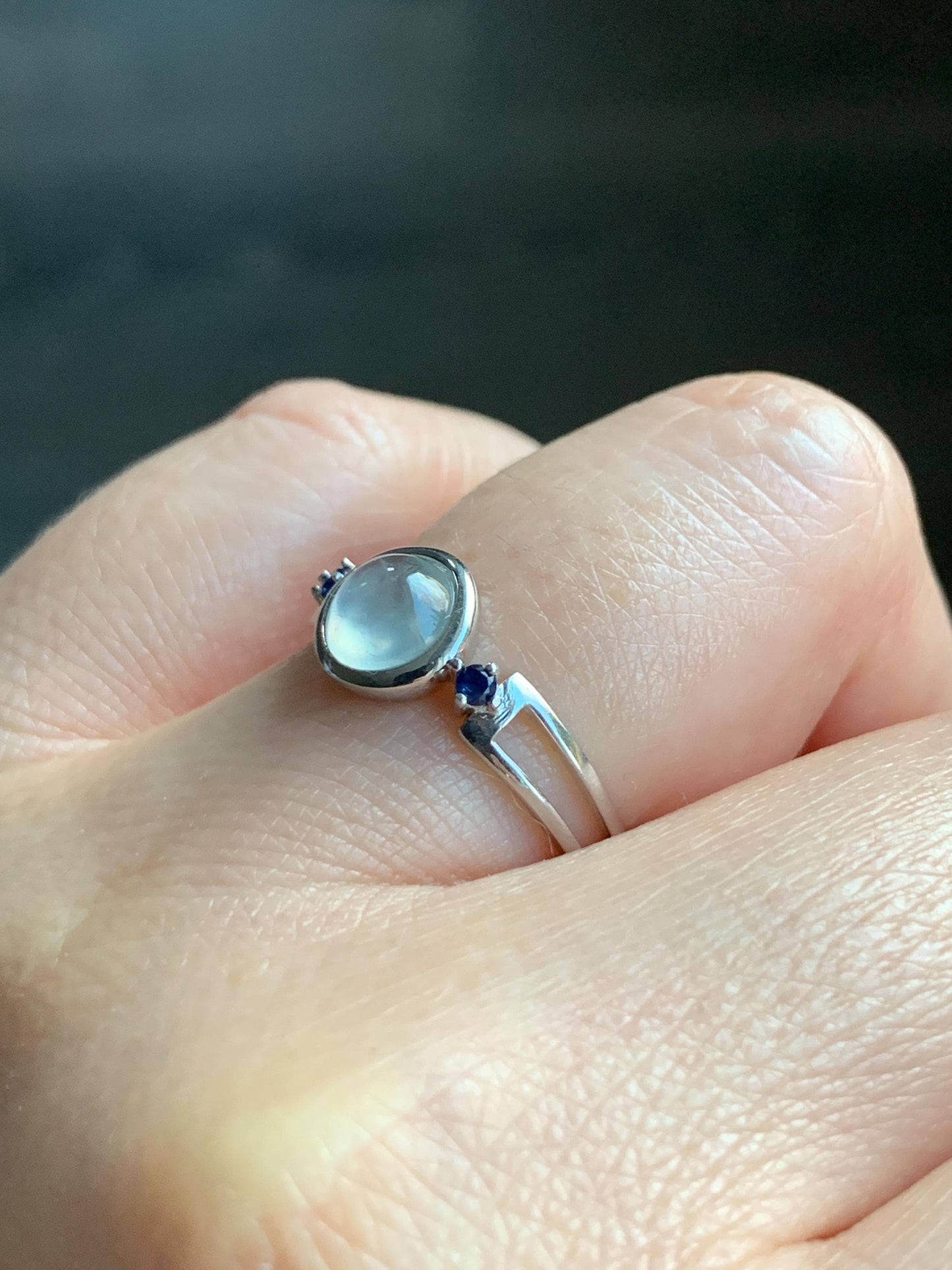 Certified Natural Burmese Premium Icy Highly Translucent White Jadeite Blue Sapphire Ring Sterling Silver size 7 2g 天然缅甸白冰胶起光翡翠蓝宝石镶嵌戒指 7406
