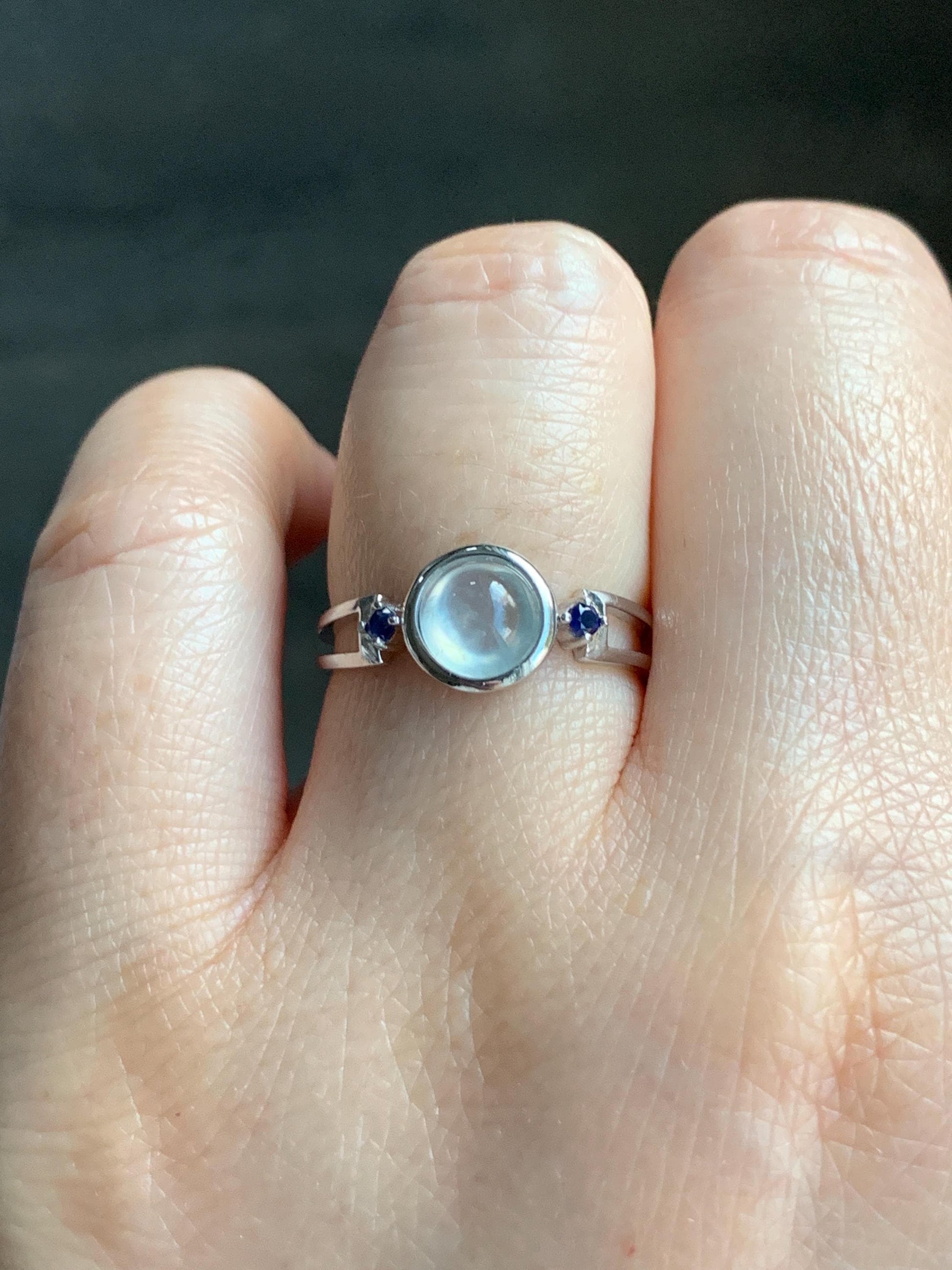 Certified Natural Burmese Premium Icy Highly Translucent White Jadeite Blue Sapphire Ring Sterling Silver size 7 2g 天然缅甸白冰胶起光翡翠蓝宝石镶嵌戒指 7406