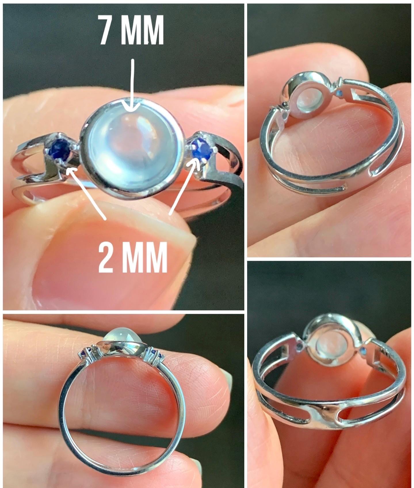 Certified Natural Burmese Premium Icy Highly Translucent White Jadeite Blue Sapphire Ring Sterling Silver size 7 2g 天然缅甸白冰胶起光翡翠蓝宝石镶嵌戒指 7406