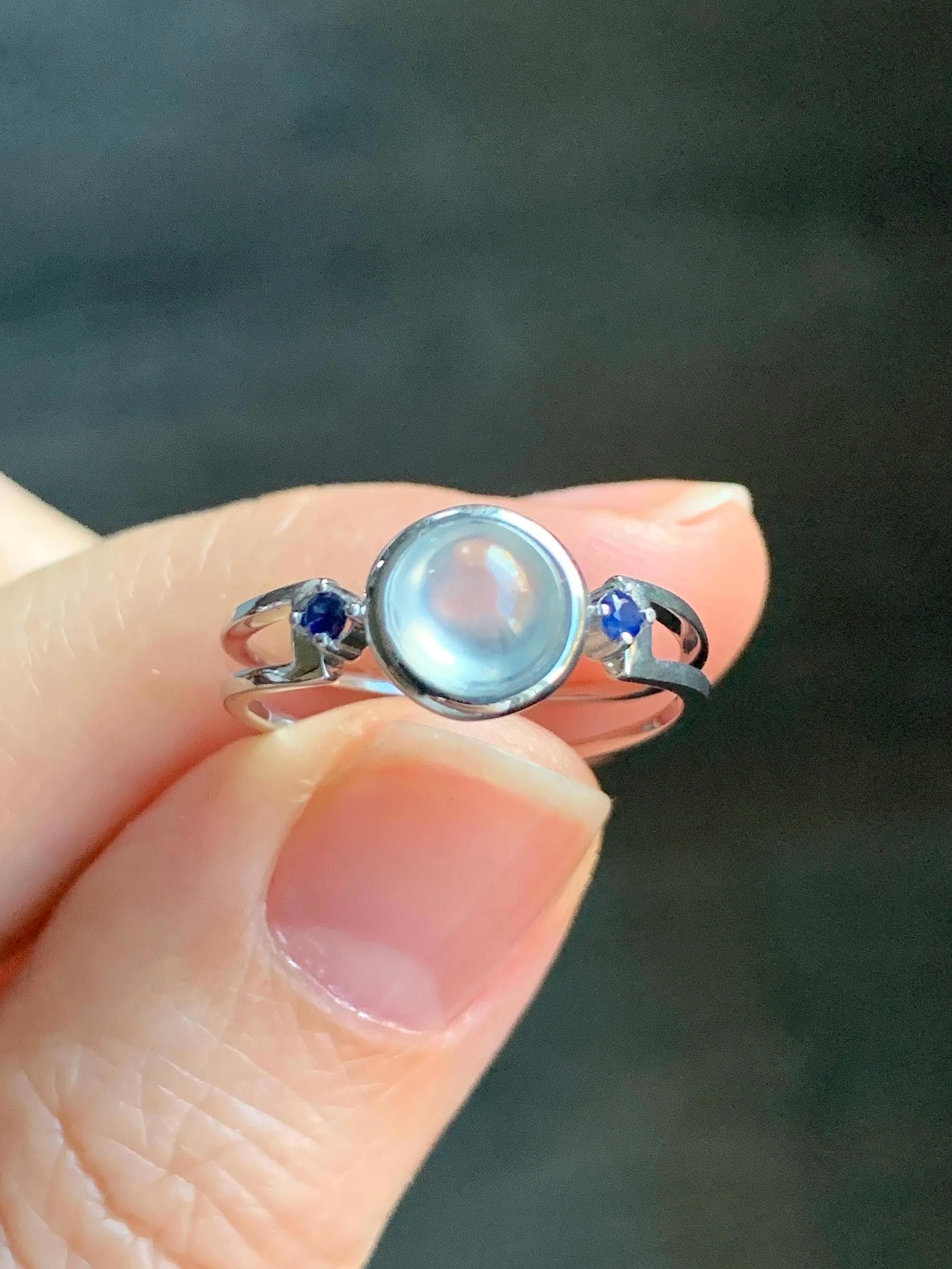 Certified Natural Burmese Premium Icy Highly Translucent White Jadeite Blue Sapphire Ring Sterling Silver size 7 2g 天然缅甸白冰胶起光翡翠蓝宝石镶嵌戒指 7406