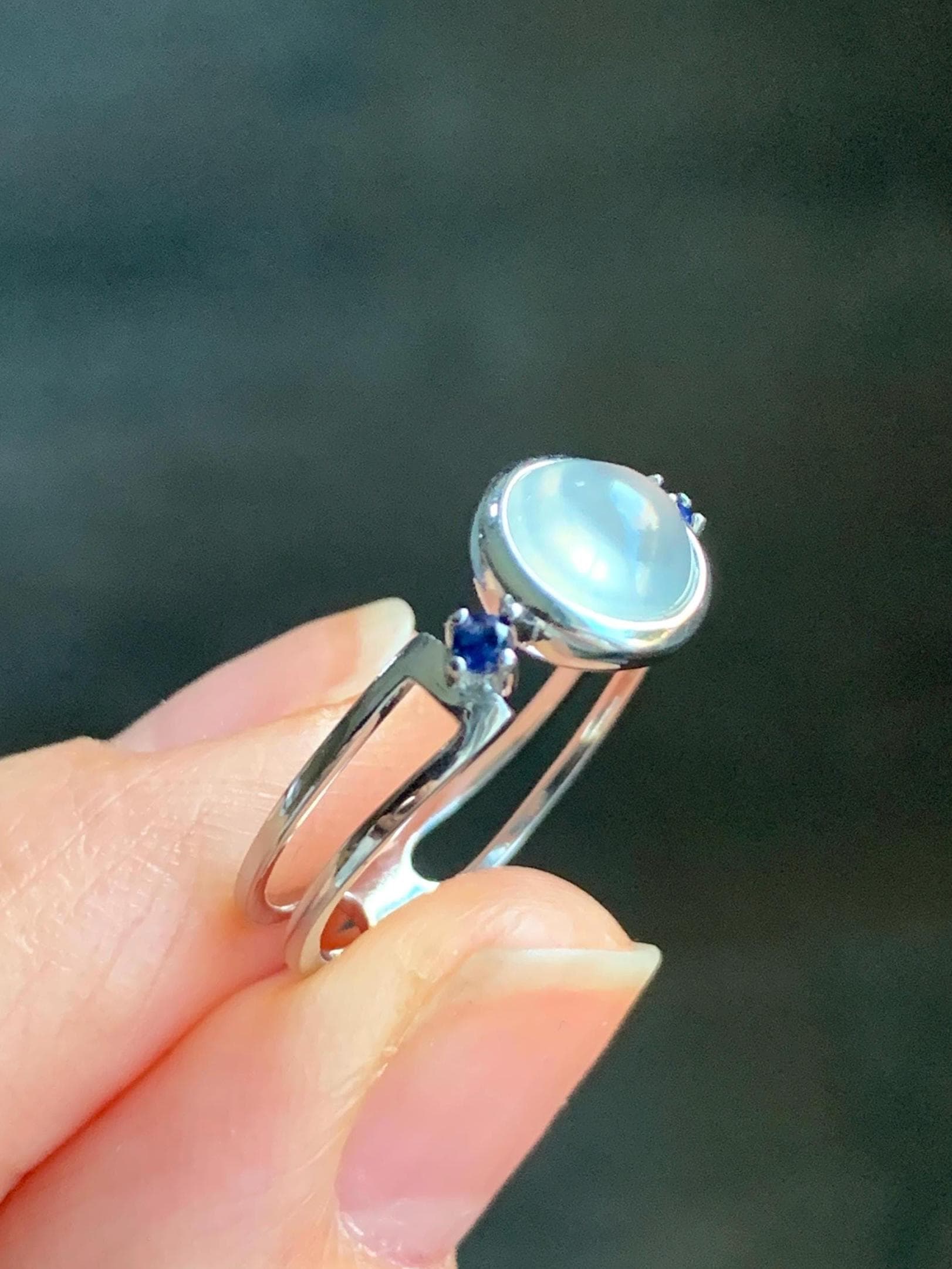 Certified Natural Burmese Premium Icy Highly Translucent White Jadeite Blue Sapphire Ring Sterling Silver size 7 2g 天然缅甸白冰胶起光翡翠蓝宝石镶嵌戒指 7406