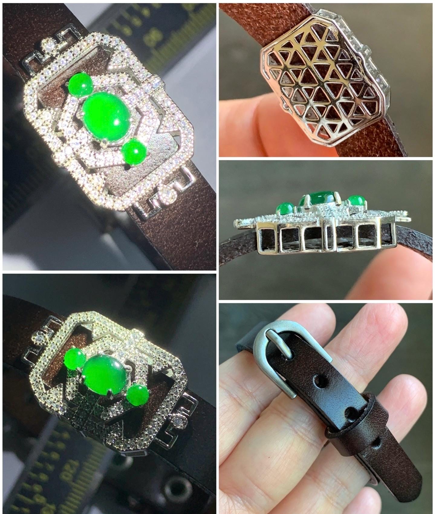 Natural Guatemalan Icy Translucent Vibrant Green Jadeite Buckle Bracelet Sterling Silver Adjustable 6”-8” 天然冰危绿翡翠银镶手牌手表镯