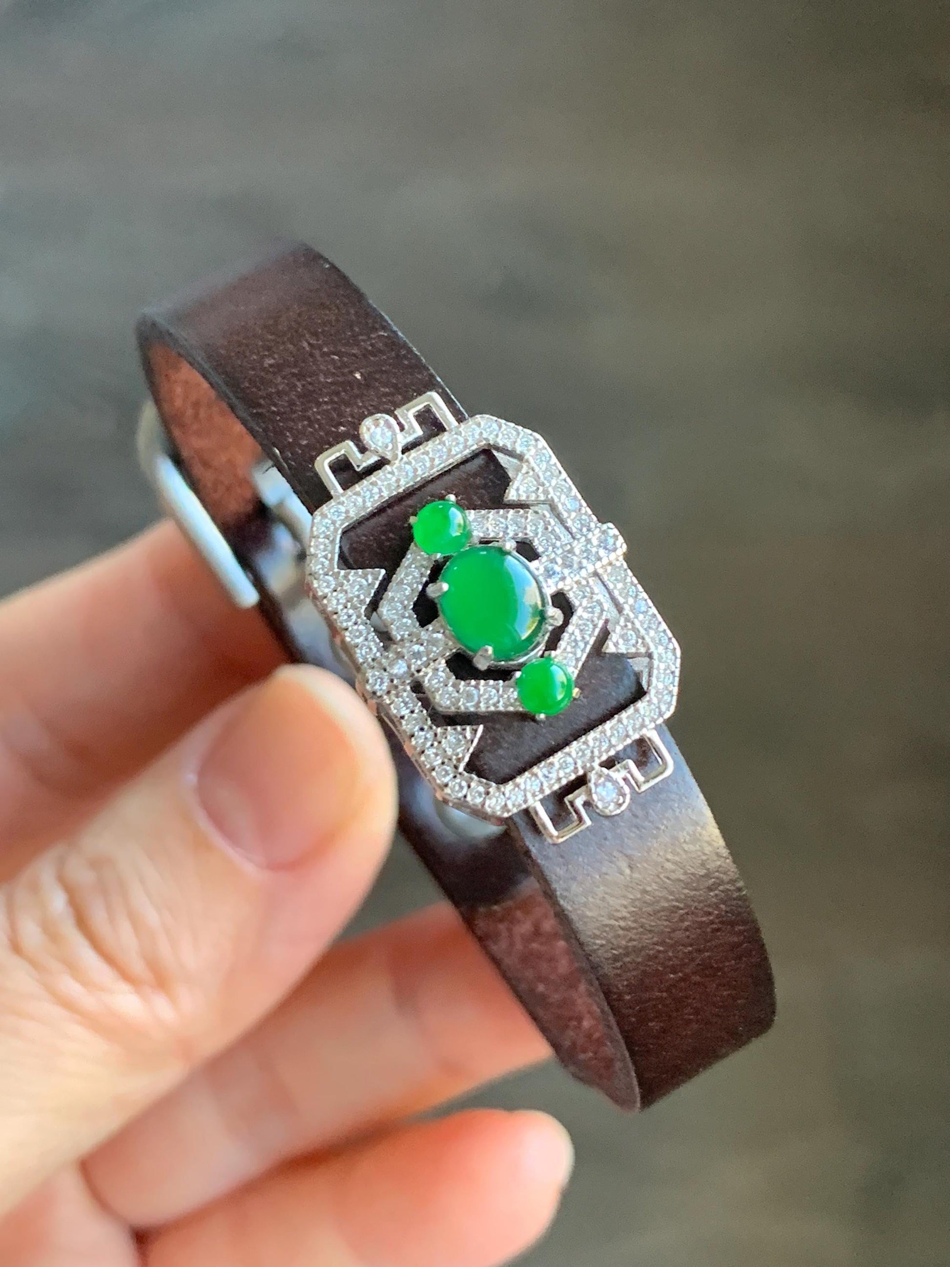 Natural Guatemalan Icy Translucent Vibrant Green Jadeite Buckle Bracelet Sterling Silver Adjustable 6”-8” 天然冰危绿翡翠银镶手牌手表镯