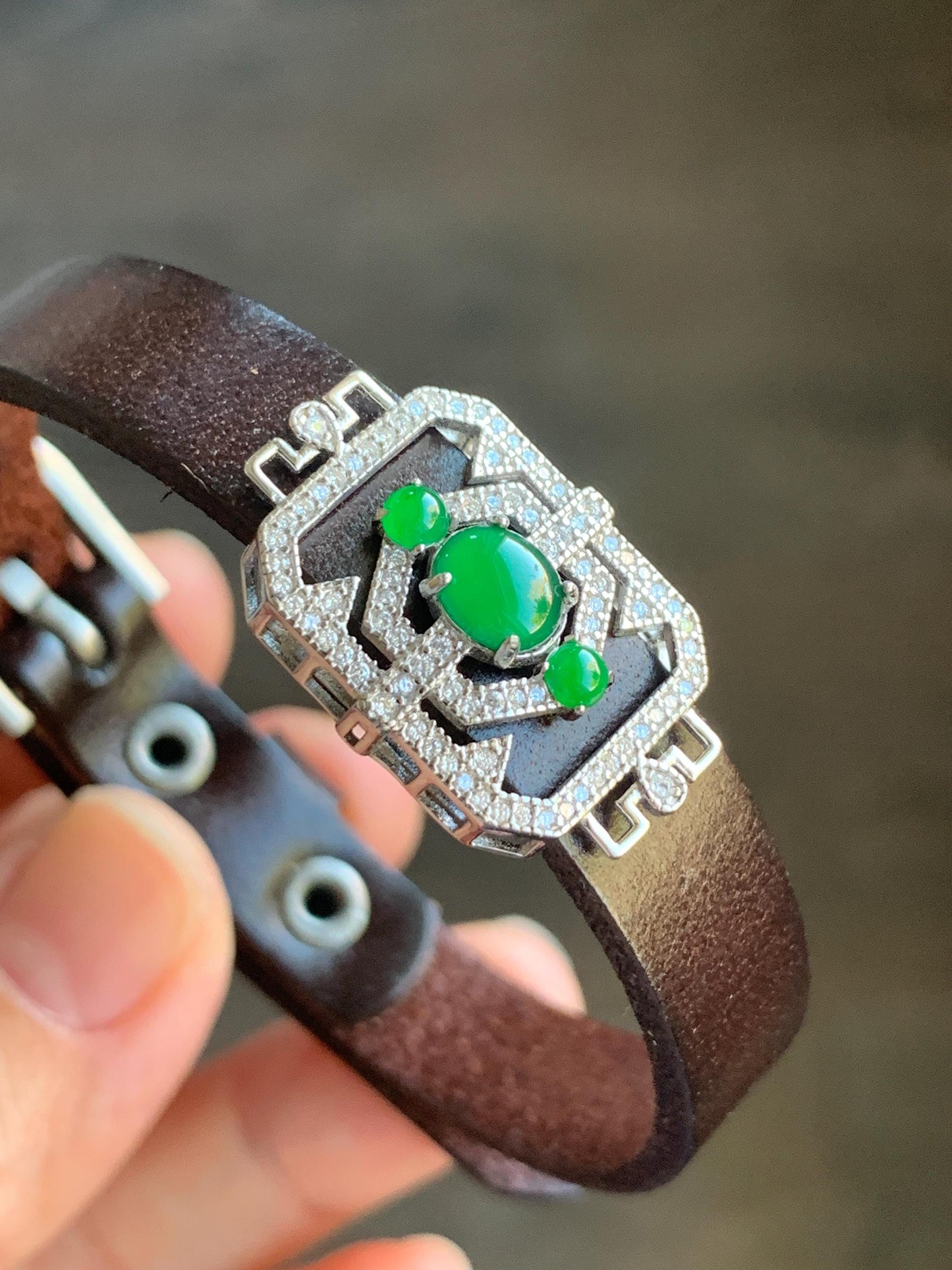 Natural Guatemalan Icy Translucent Vibrant Green Jadeite Buckle Bracelet Sterling Silver Adjustable 6”-8” 天然冰危绿翡翠银镶手牌手表镯