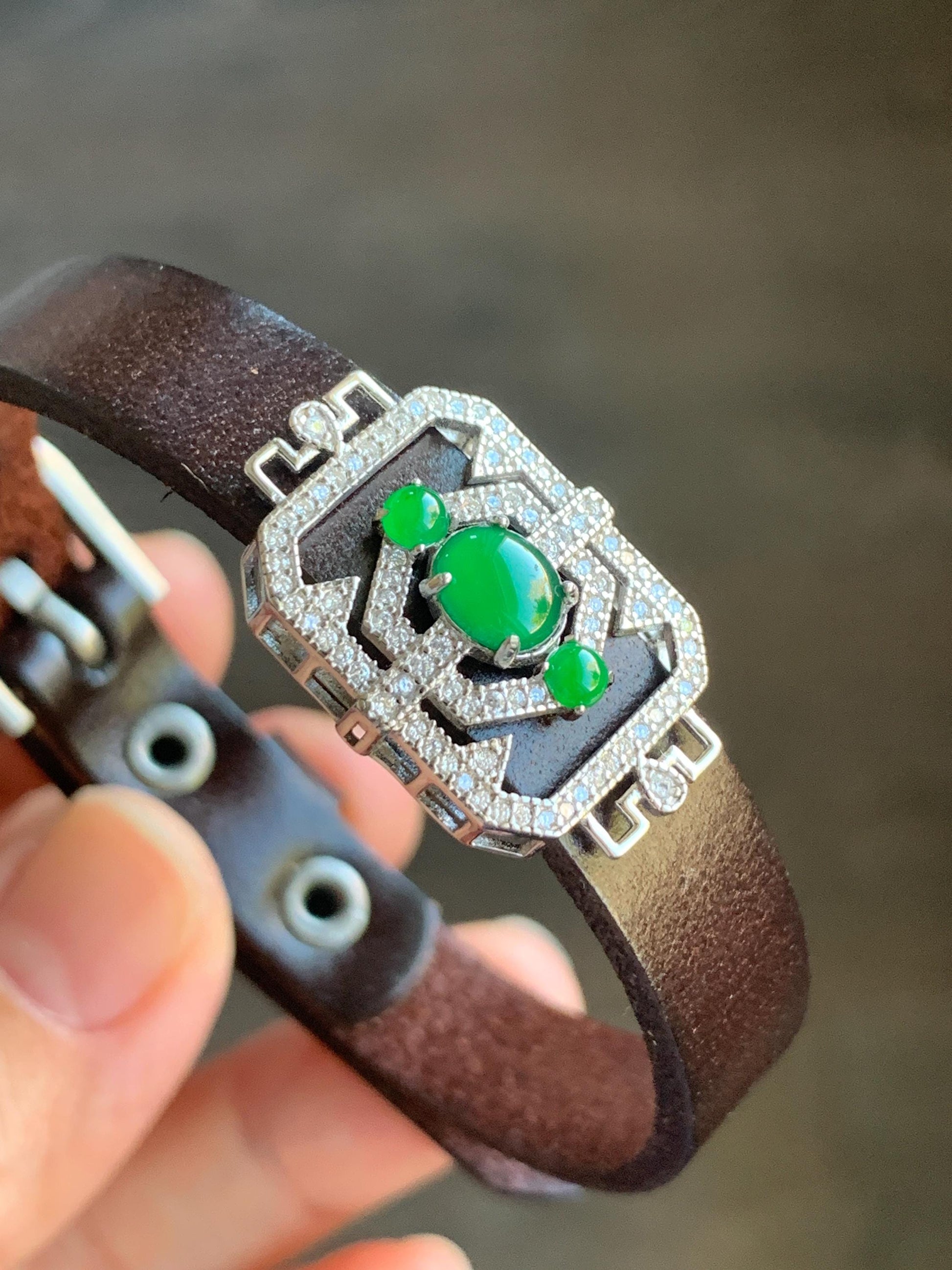 Natural Guatemalan Icy Translucent Vibrant Green Jadeite Buckle Bracelet Sterling Silver Adjustable 6”-8” 天然冰危绿翡翠银镶手牌手表镯