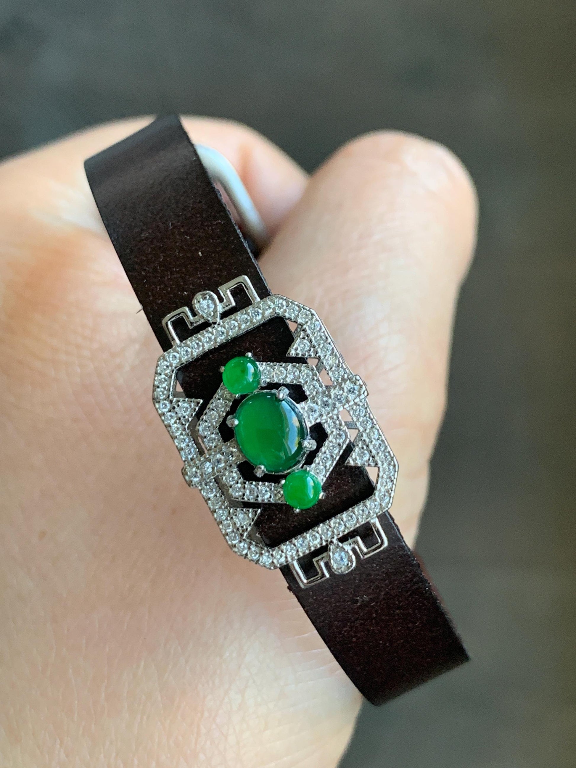 Natural Guatemalan Icy Translucent Vibrant Green Jadeite Buckle Bracelet Sterling Silver Adjustable 6”-8” 天然冰危绿翡翠银镶手牌手表镯