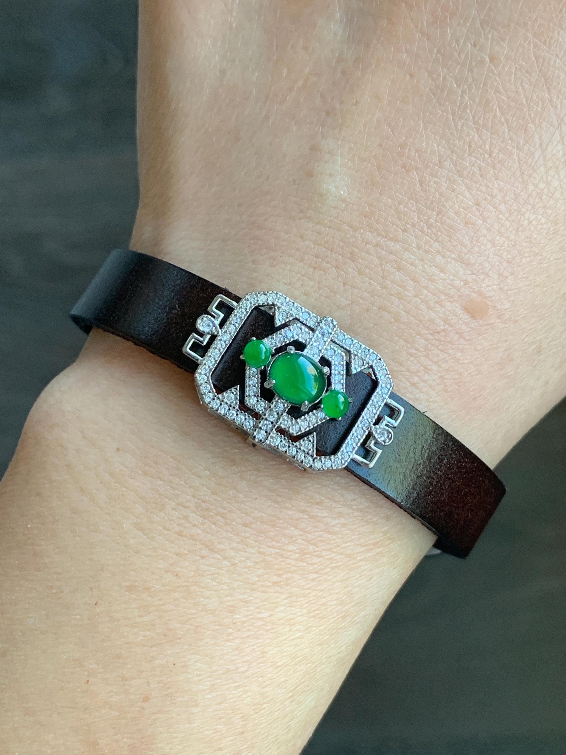Natural Guatemalan Icy Translucent Vibrant Green Jadeite Buckle Bracelet Sterling Silver Adjustable 6”-8” 天然冰危绿翡翠银镶手牌手表镯