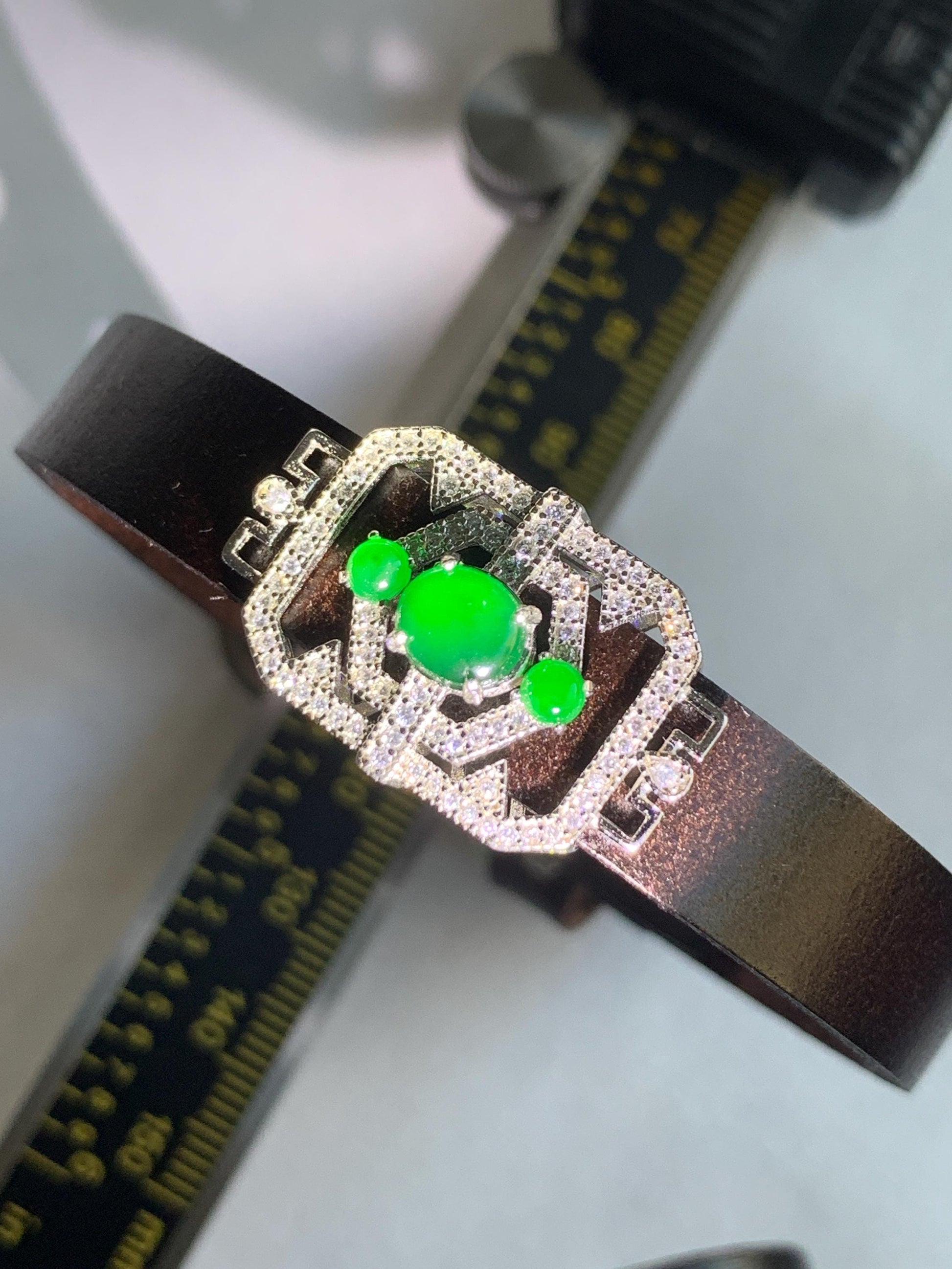 Natural Guatemalan Icy Translucent Vibrant Green Jadeite Buckle Bracelet Sterling Silver Adjustable 6”-8” 天然冰危绿翡翠银镶手牌手表镯