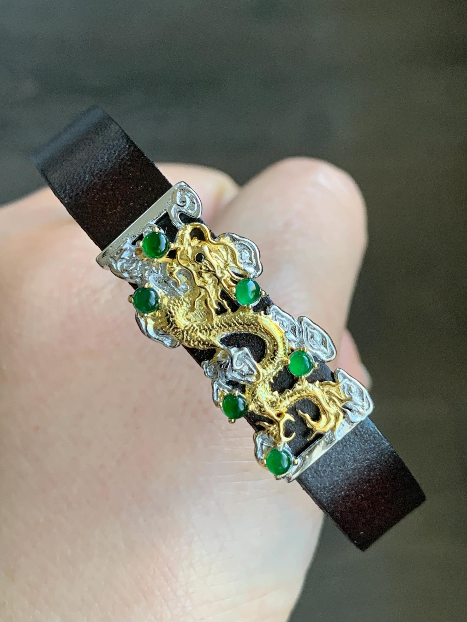 Natural Guatemalan Icy Translucent Vibrant Green Jadeite Dragon Buckle Bracelet Sterling Silver Adjustable 6”-8” 天然冰危绿翡翠银镶手牌手表镯