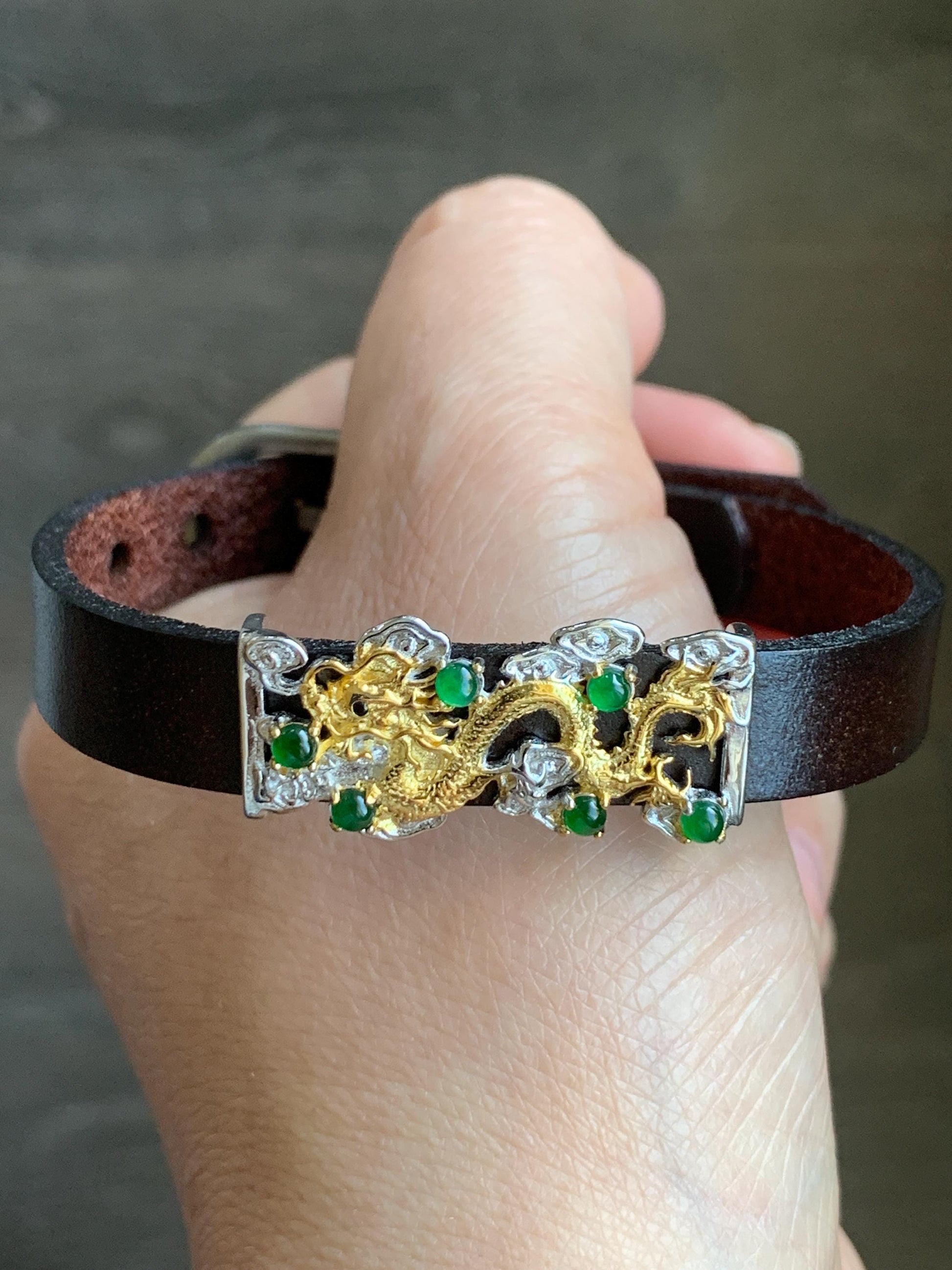 Natural Guatemalan Icy Translucent Vibrant Green Jadeite Dragon Buckle Bracelet Sterling Silver Adjustable 6”-8” 天然冰危绿翡翠银镶手牌手表镯
