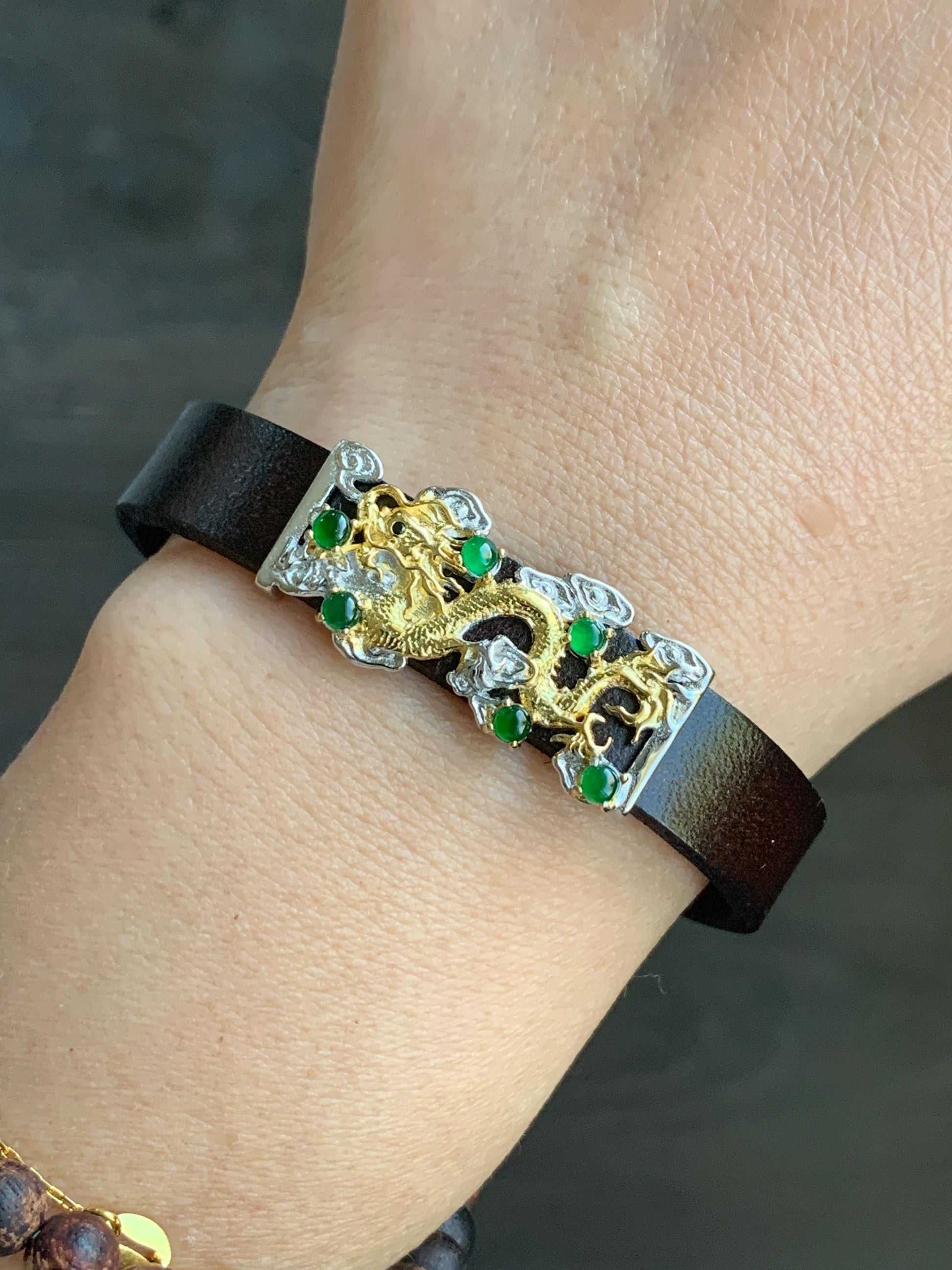 Natural Guatemalan Icy Translucent Vibrant Green Jadeite Dragon Buckle Bracelet Sterling Silver Adjustable 6”-8” 天然冰危绿翡翠银镶手牌手表镯