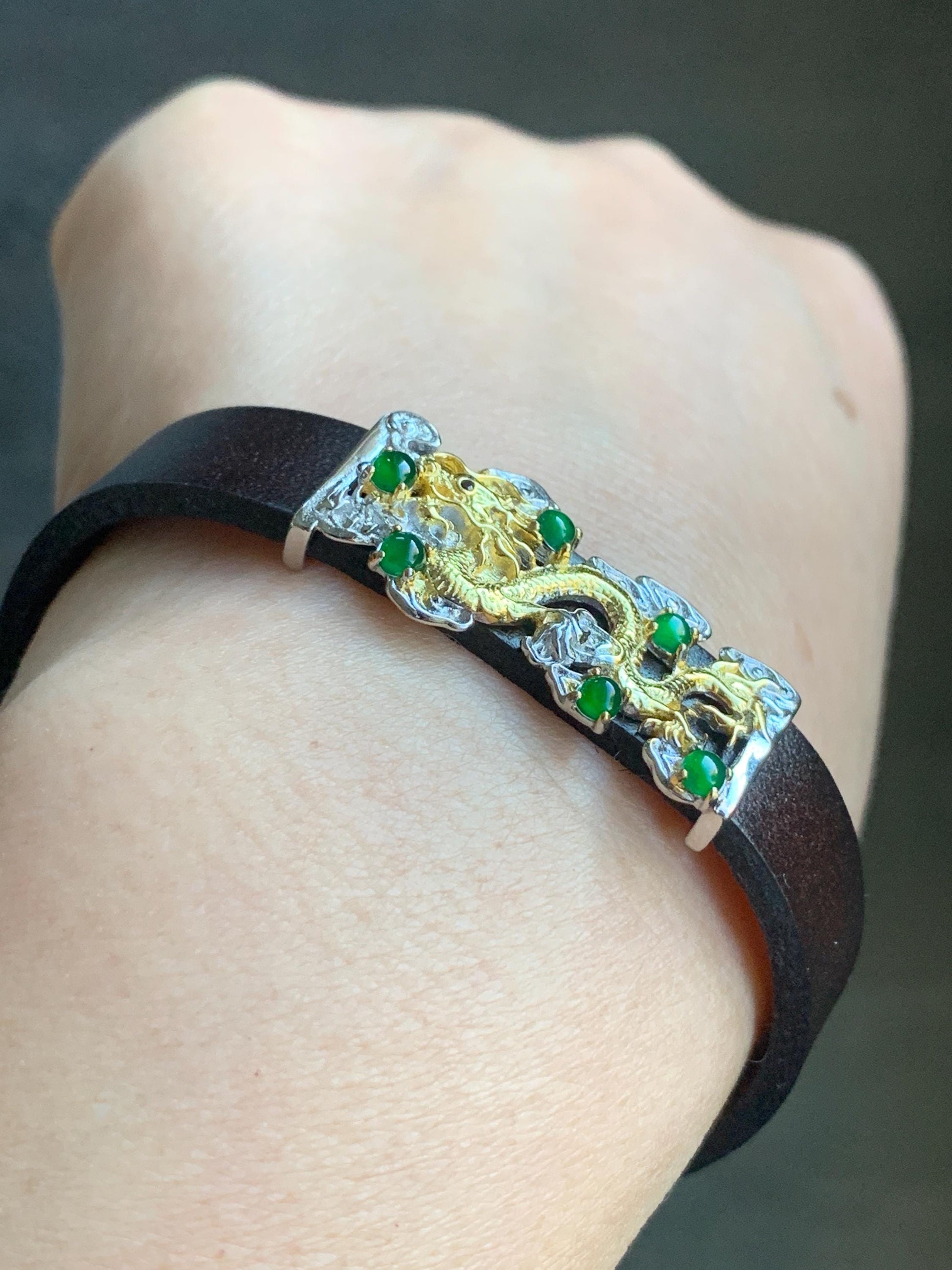 Natural Guatemalan Icy Translucent Vibrant Green Jadeite Dragon Buckle Bracelet Sterling Silver Adjustable 6”-8” 天然冰危绿翡翠银镶手牌手表镯
