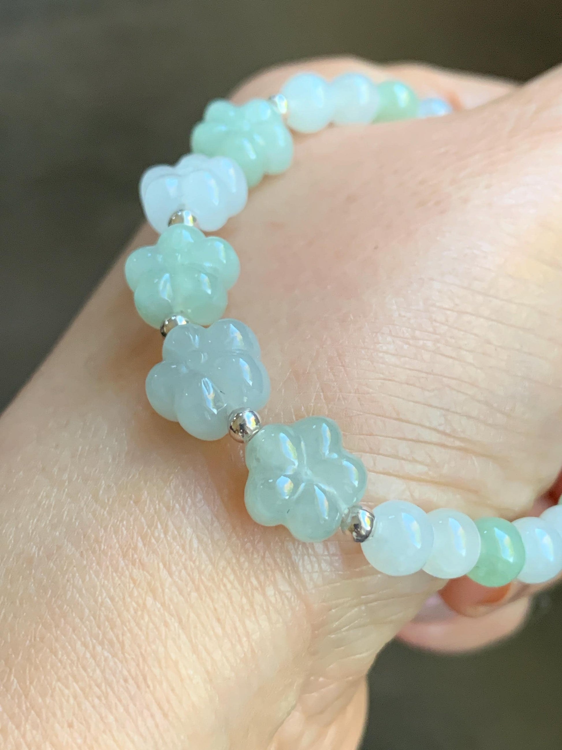 Natural Burmese Icy Translucent Light Green & White Jadeite Chery Blossom Beaded Bracelet Sterling Silver 6.75” 12g 天然缅甸白冰晴底翡翠梅花圆珠手串