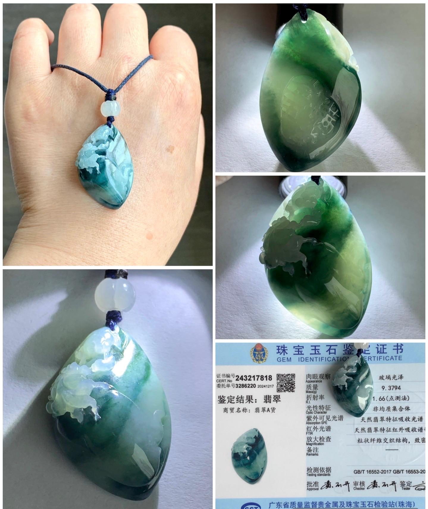 Certified Natural Burmese Icy Translucent Teal Blue Jadeite Carved Lotus Flower Goldfish Pendant Rope Necklace 30” 天然缅甸冰飘蓝花翡翠莲花鱼金玉满堂吊坠 7818