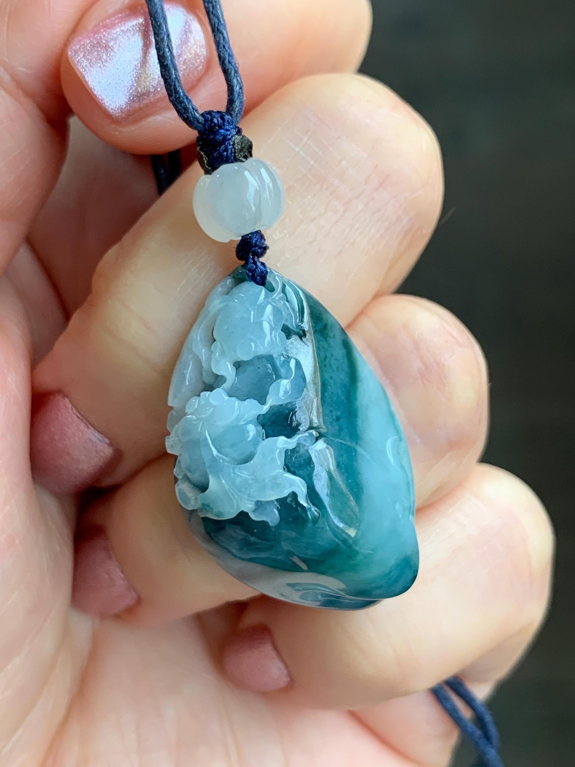 Certified Natural Burmese Icy Translucent Teal Blue Jadeite Carved Lotus Flower Goldfish Pendant Rope Necklace 30” 天然缅甸冰飘蓝花翡翠莲花鱼金玉满堂吊坠 7818