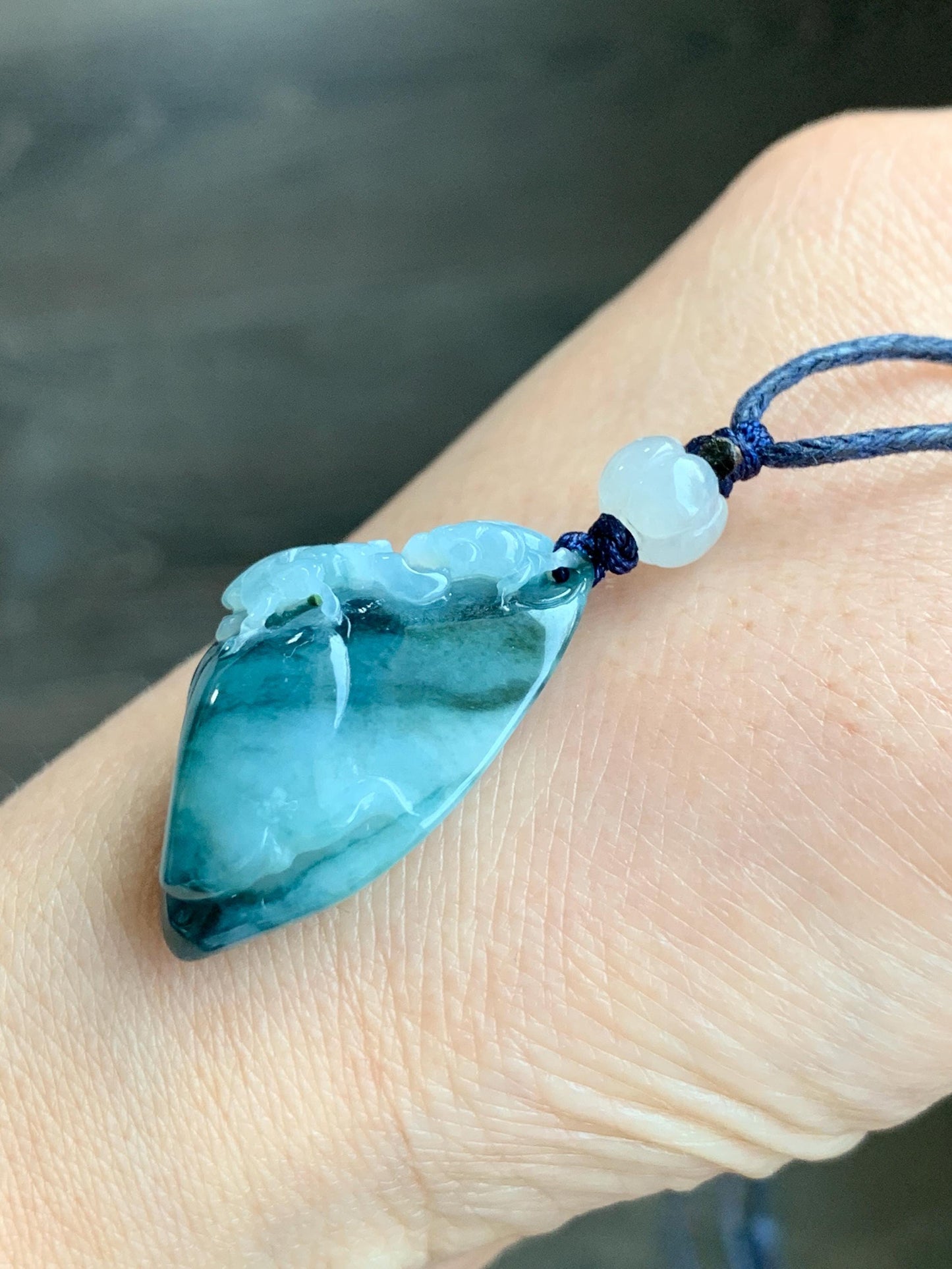 Certified Natural Burmese Icy Translucent Teal Blue Jadeite Carved Lotus Flower Goldfish Pendant Rope Necklace 30” 天然缅甸冰飘蓝花翡翠莲花鱼金玉满堂吊坠 7818