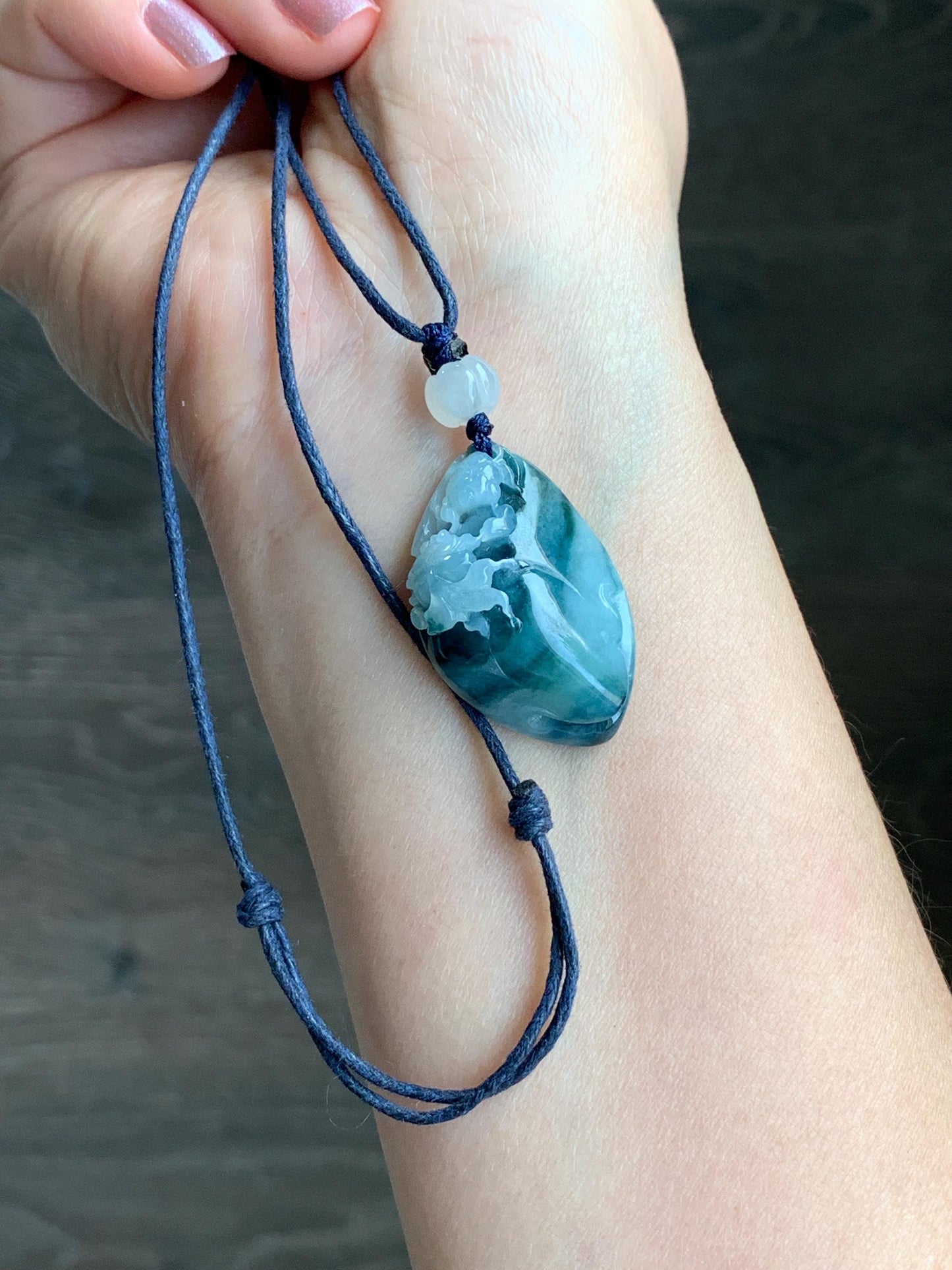 Certified Natural Burmese Icy Translucent Teal Blue Jadeite Carved Lotus Flower Goldfish Pendant Rope Necklace 30” 天然缅甸冰飘蓝花翡翠莲花鱼金玉满堂吊坠 7818