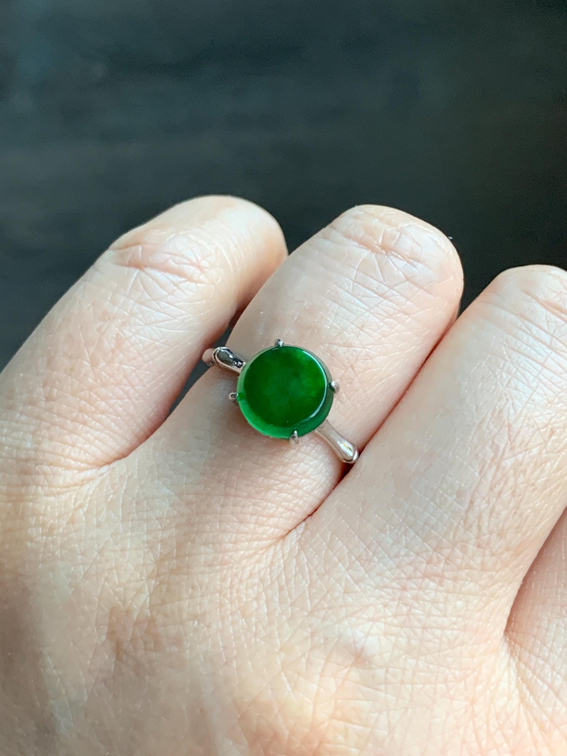 Natural Guatemalan Icy Translucent Vibrant Green Jadeite Solitaire Bamboo Ring Sterling Silver Size 7 Adjustable 天然冰危绿翡翠银镶竹节戒指 LZJ88