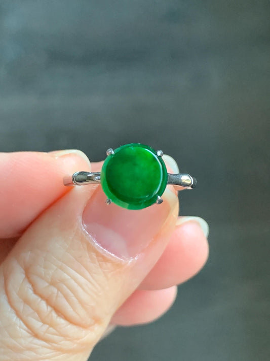 Natural Guatemalan Icy Translucent Vibrant Green Jadeite Solitaire Bamboo Ring Sterling Silver Size 7 Adjustable 天然冰危绿翡翠银镶竹节戒指 LZJ88