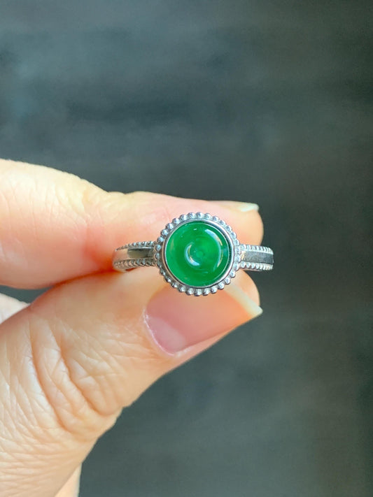 Natural Guatemalan Icy Translucent Vibrant Green Jadeite Mini Donut Ping An Kou Ring Sterling Silver Size 7 Adjustable 天然冰危绿翡翠小平安扣银镶戒指 XPK66