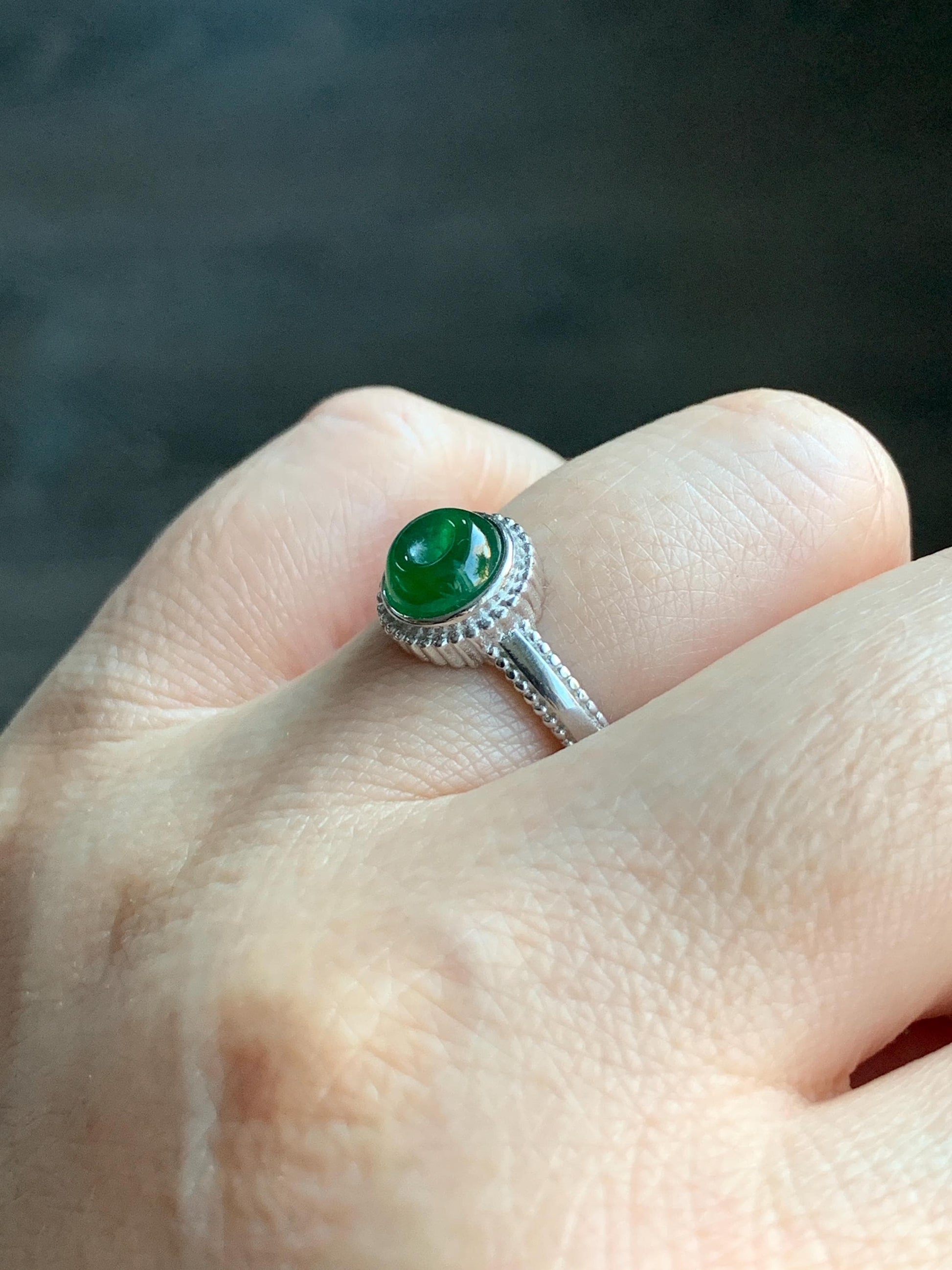 Natural Guatemalan Icy Translucent Vibrant Green Jadeite Mini Donut Ping An Kou Ring Sterling Silver Size 7 Adjustable 天然冰危绿翡翠小平安扣银镶戒指 XPK66