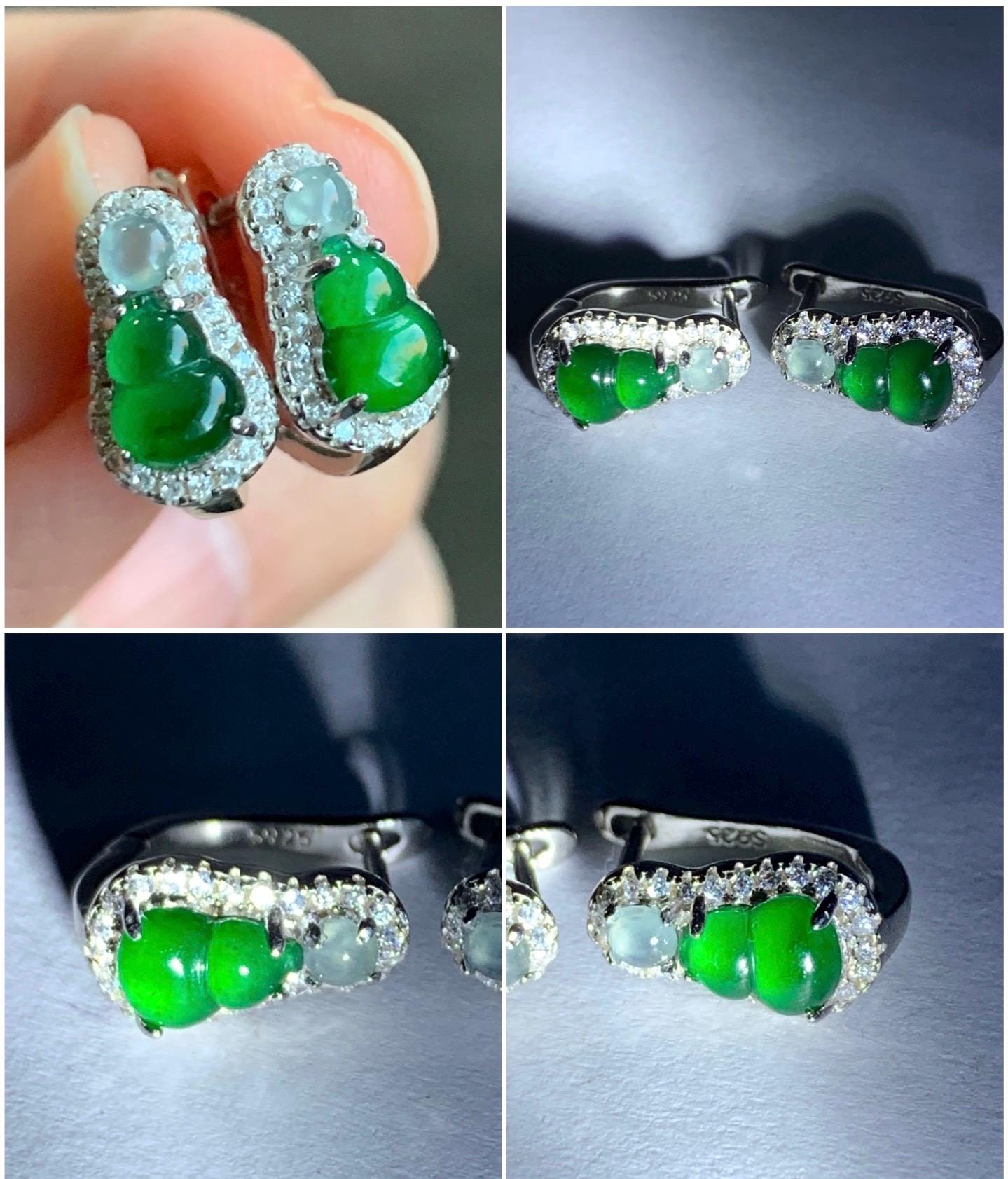 Natural Guatemalan Icy Translucent Vibrant Green & Light Blue Jadeite Hulu/Gourd Huggie Hoop Earrings Sterling Silver 天然冰危绿淡蓝翡翠葫芦银镶耳包