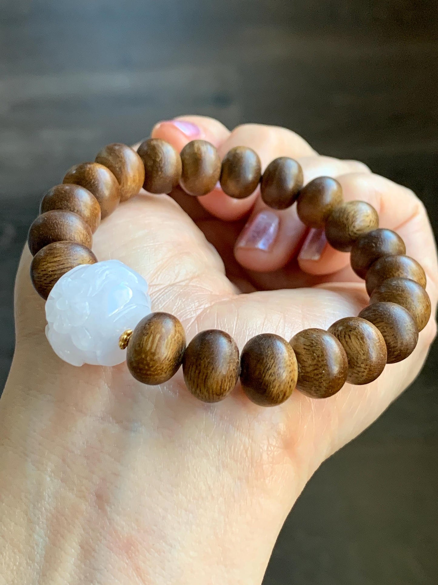 Natural Burmese Icy Translucent Red Marbled Jadeite Carved Cherry Blossom Drum Bead Agarwood Beads Beaded Bracelet 7” 天然缅甸冰粉底飘红翡翠梅花珠印尼沉香鼓珠手串