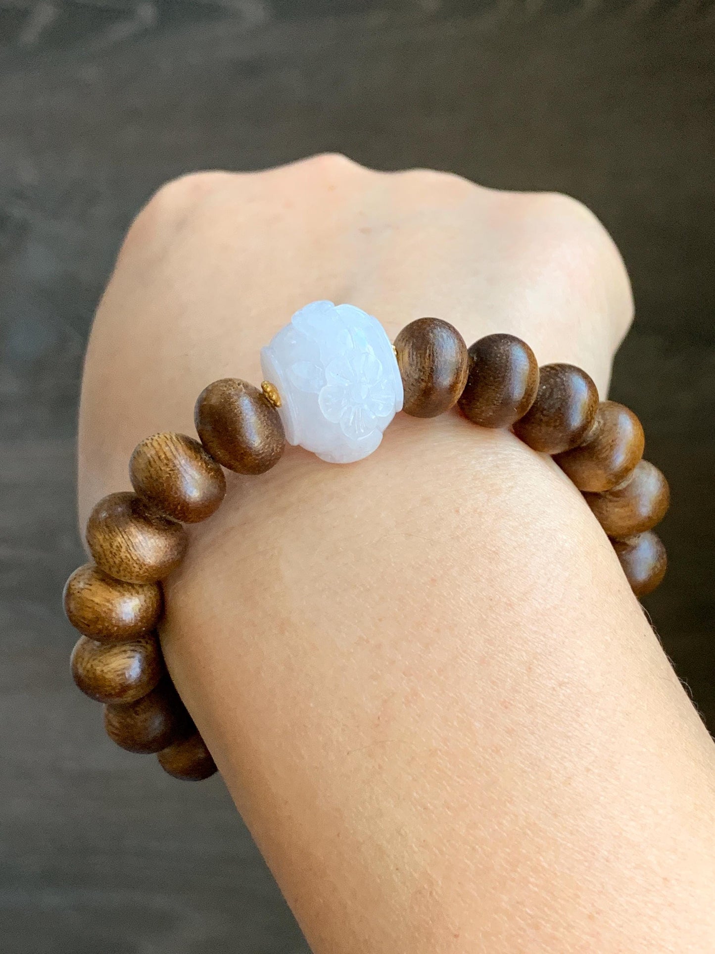 Natural Burmese Icy Translucent Red Marbled Jadeite Carved Cherry Blossom Drum Bead Agarwood Beads Beaded Bracelet 7” 天然缅甸冰粉底飘红翡翠梅花珠印尼沉香鼓珠手串