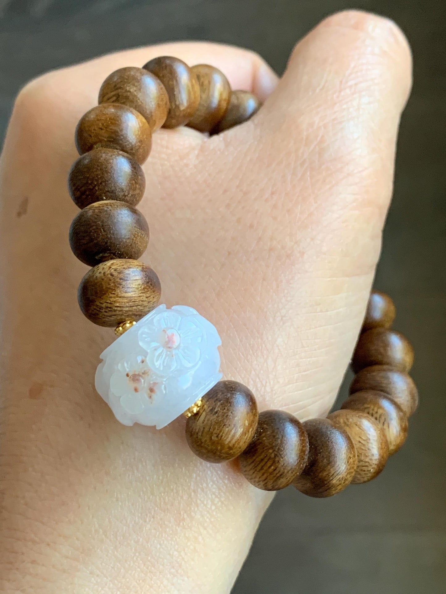 Natural Burmese Icy Translucent Red Marbled Jadeite Carved Cherry Blossom Drum Bead Agarwood Beads Beaded Bracelet 7” 天然缅甸冰粉底飘红翡翠梅花珠印尼沉香鼓珠手串