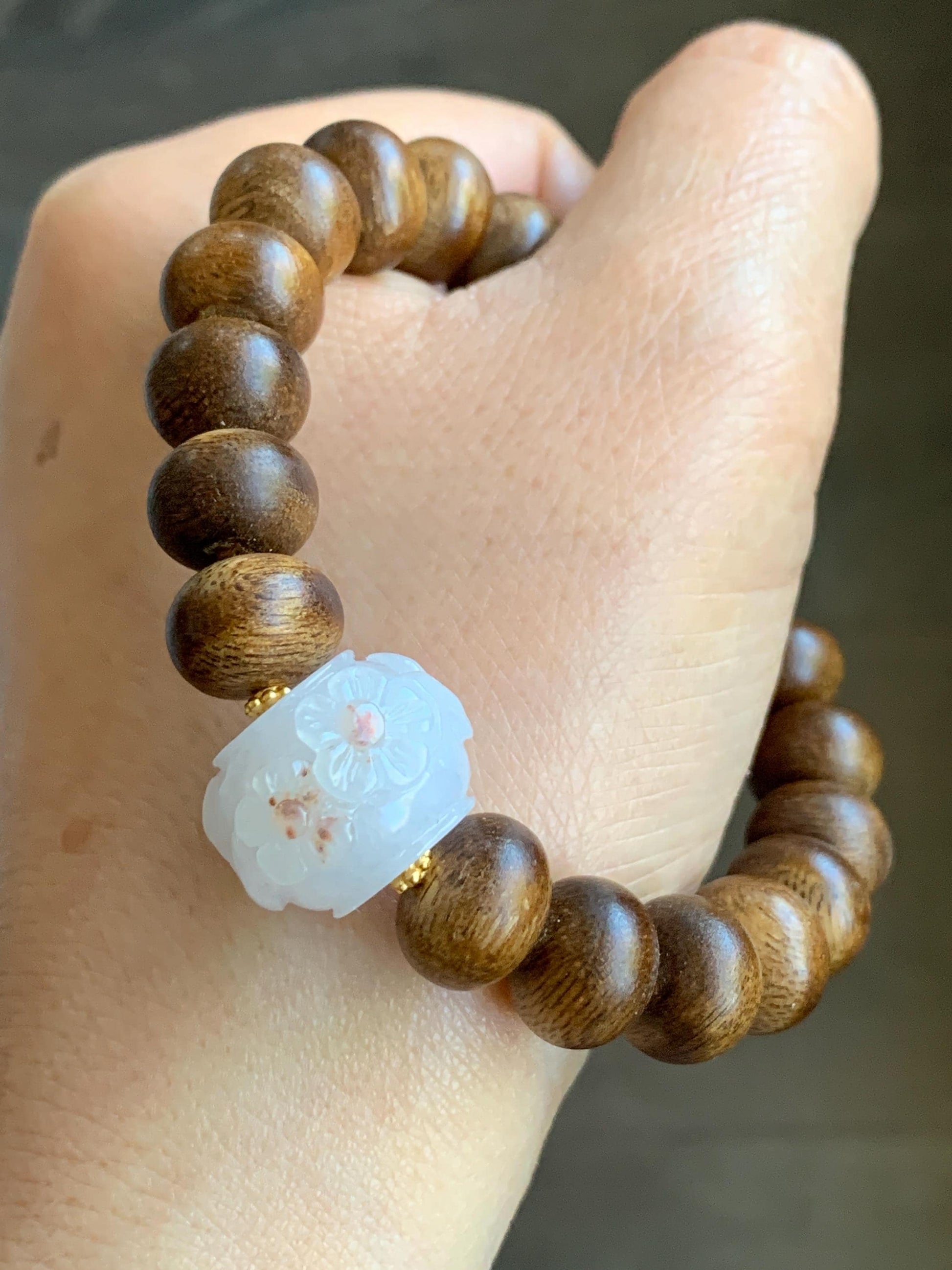 Natural Burmese Icy Translucent Red Marbled Jadeite Carved Cherry Blossom Drum Bead Agarwood Beads Beaded Bracelet 7” 天然缅甸冰粉底飘红翡翠梅花珠印尼沉香鼓珠手串