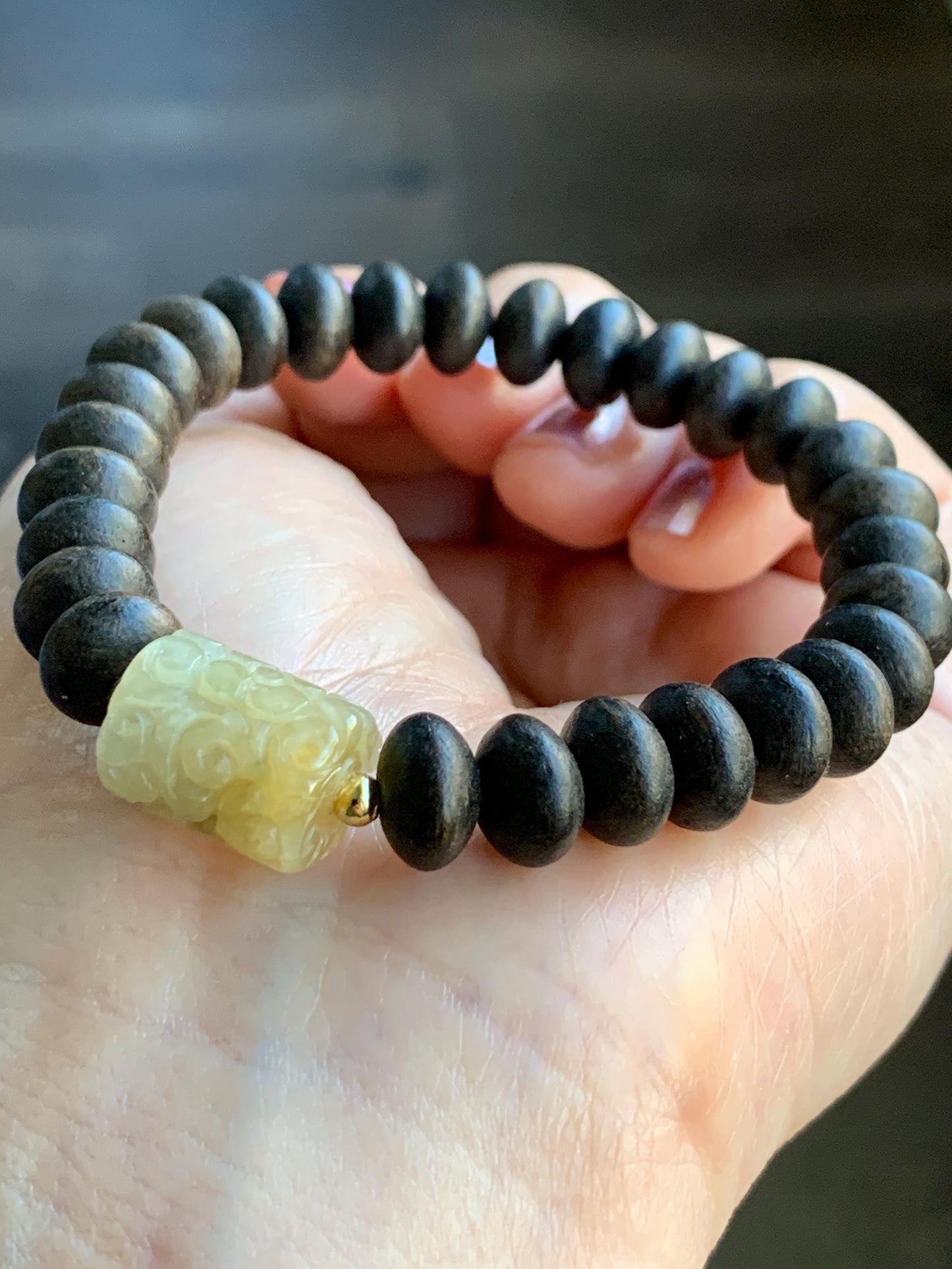 Natural Burmese Icy Translucent Light Yellow Jadeite Engraved Barrel Bead Agarwood Beaded Bracelet Sterling Silver 7” 天然缅甸冰糖黄翡翠仿古雕桶珠沉香鼓珠手串