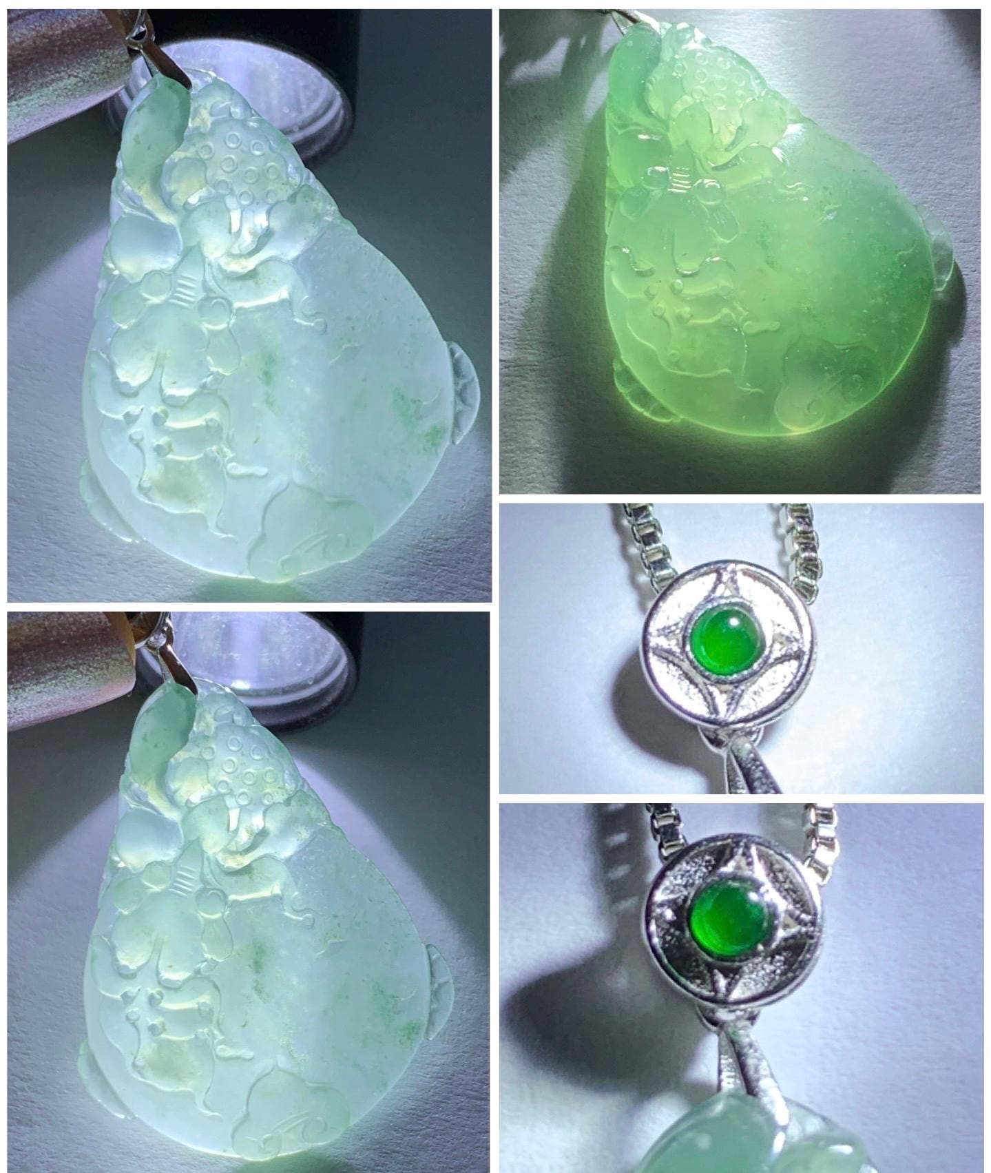 Certified Natural Burmese Premium Icy Light Green Jadeite Lotus Flower Goldfish Ping An Kou Donut Pendant Sterling Silver 天然缅甸冰胶起光晴底翡翠莲花鱼吊坠