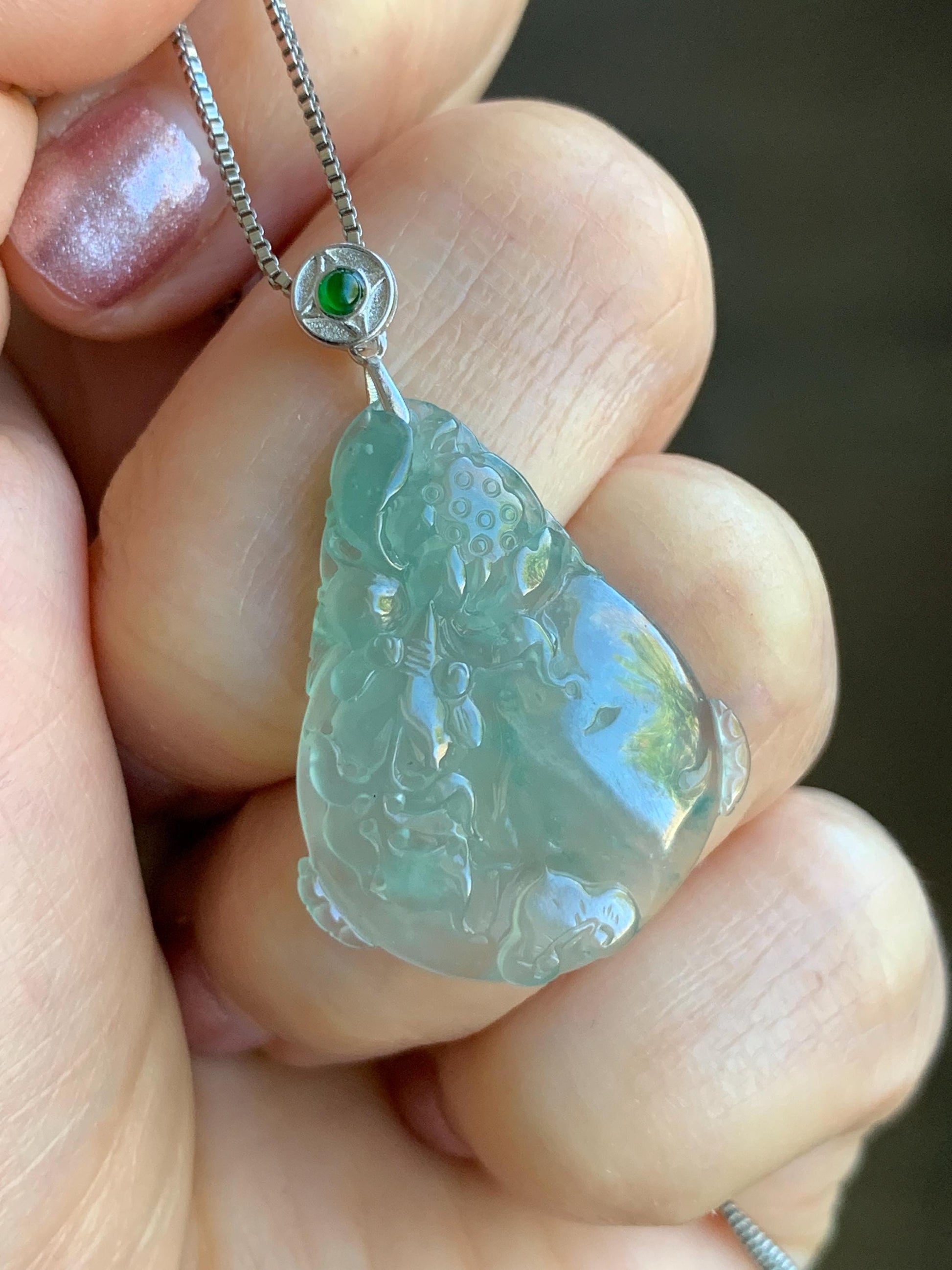 Certified Natural Burmese Premium Icy Light Green Jadeite Lotus Flower Goldfish Ping An Kou Donut Pendant Sterling Silver 天然缅甸冰胶起光晴底翡翠莲花鱼吊坠