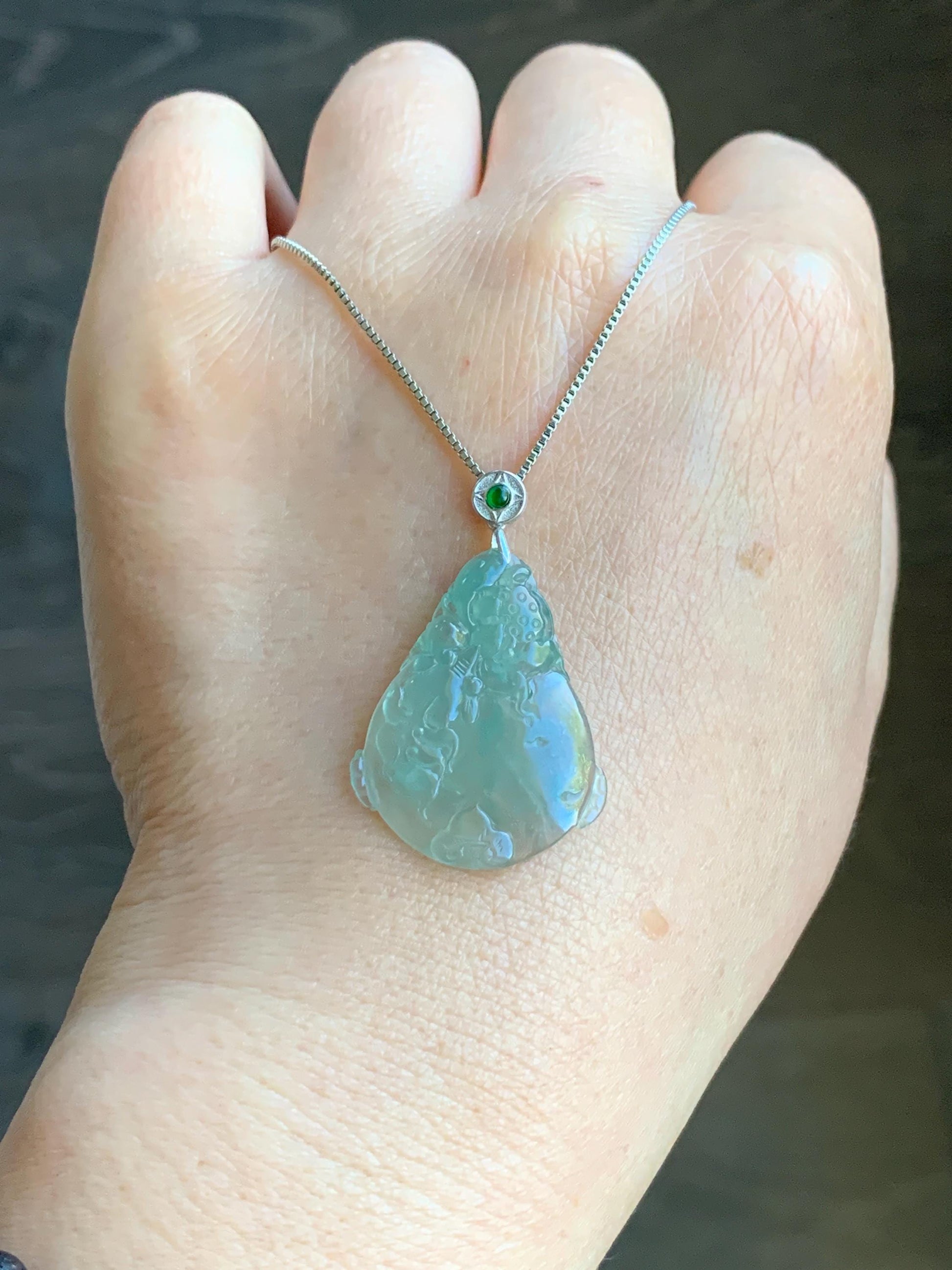 Certified Natural Burmese Premium Icy Light Green Jadeite Lotus Flower Goldfish Ping An Kou Donut Pendant Sterling Silver 天然缅甸冰胶起光晴底翡翠莲花鱼吊坠
