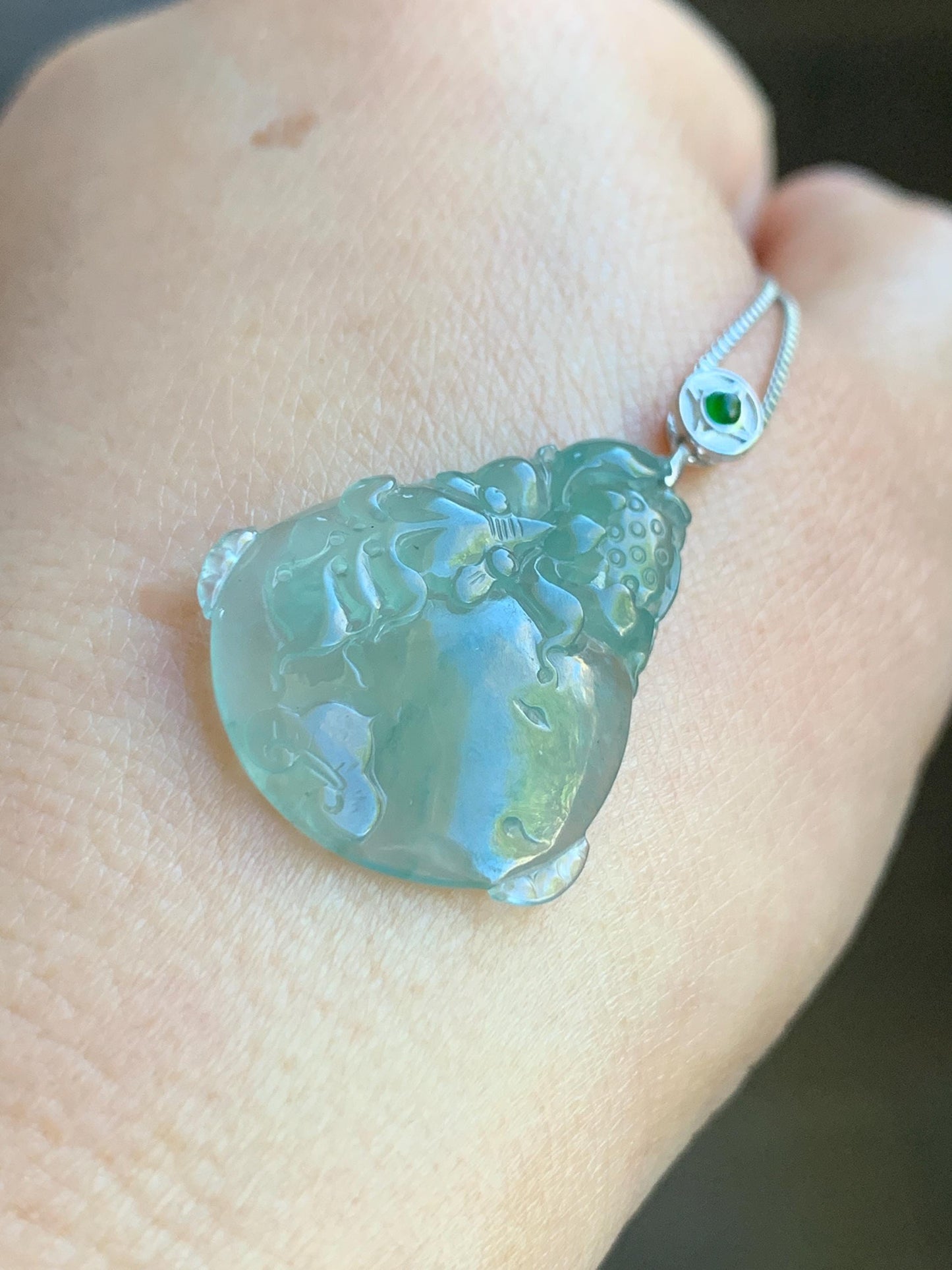 Certified Natural Burmese Premium Icy Light Green Jadeite Lotus Flower Goldfish Ping An Kou Donut Pendant Sterling Silver 天然缅甸冰胶起光晴底翡翠莲花鱼吊坠