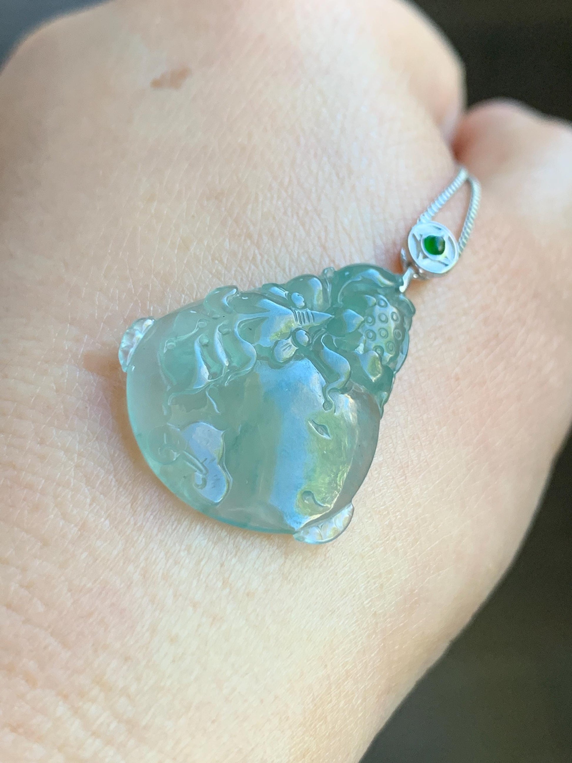 Certified Natural Burmese Premium Icy Light Green Jadeite Lotus Flower Goldfish Ping An Kou Donut Pendant Sterling Silver 天然缅甸冰胶起光晴底翡翠莲花鱼吊坠