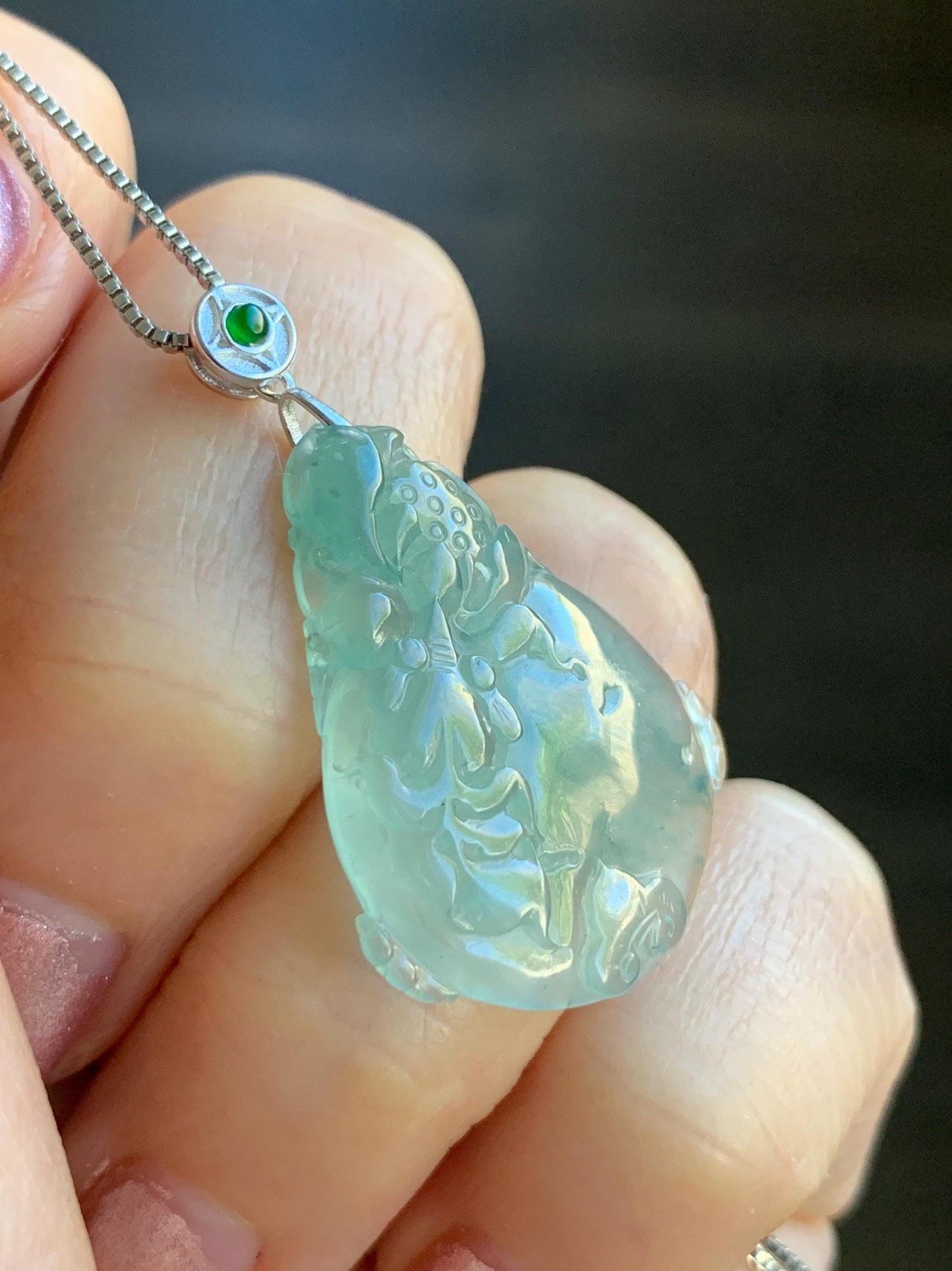 Certified Natural Burmese Premium Icy Light Green Jadeite Lotus Flower Goldfish Ping An Kou Donut Pendant Sterling Silver 天然缅甸冰胶起光晴底翡翠莲花鱼吊坠