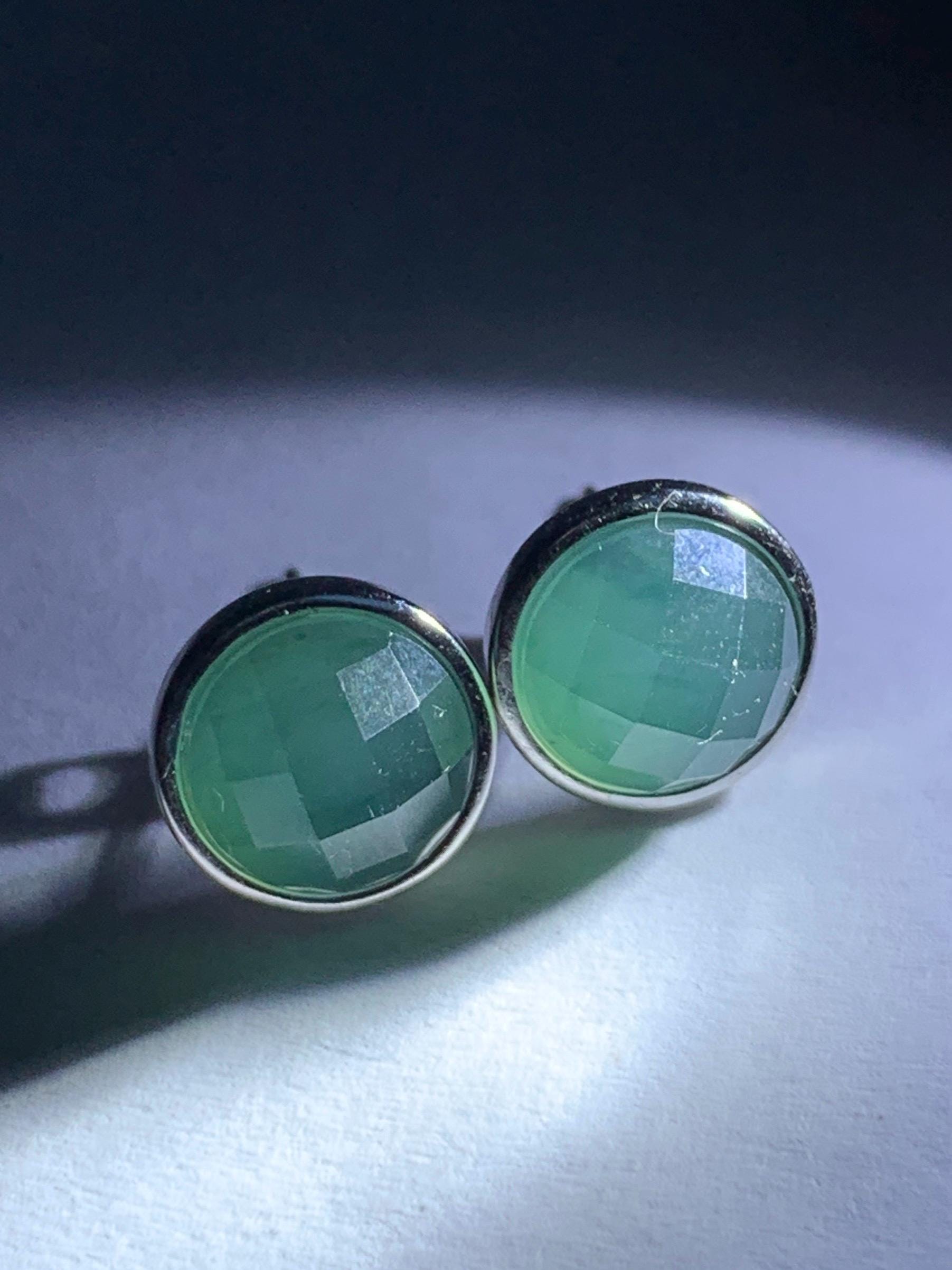 Natural Guatemalan Icy Translucent Teal Blue Jadeite Faceted Round Cabochon Stud Earrings S925 Sterling Silver 天然冰危蓝翡翠切割面银镶耳钉
