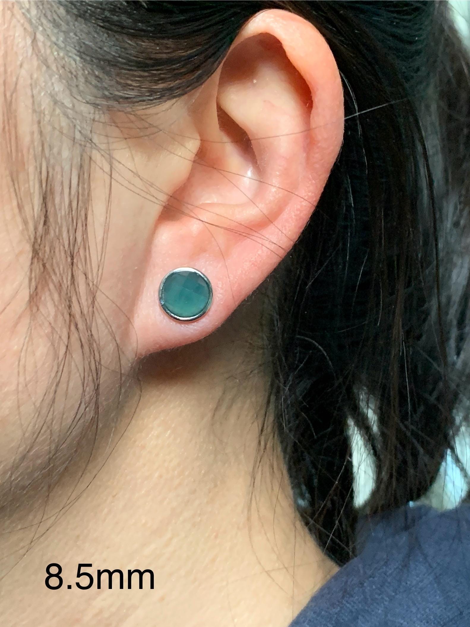 Natural Guatemalan Icy Translucent Teal Blue Jadeite Faceted Round Cabochon Stud Earrings S925 Sterling Silver 天然冰危蓝翡翠切割面银镶耳钉
