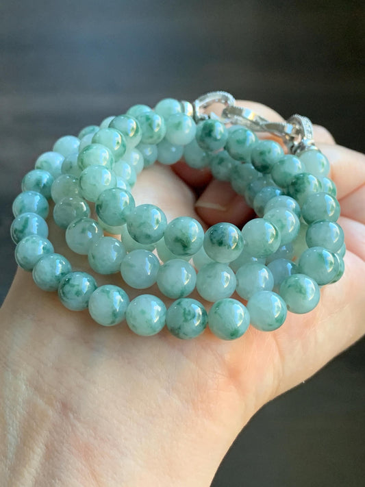 Certified Natural Burmese Icy Translucent Gelatinous Light Green Marbled Jadeite Beads Beaded Necklace 7.4mm 25” 61g 天然缅甸冰胶飘花翡翠圆珠长串项链 3006