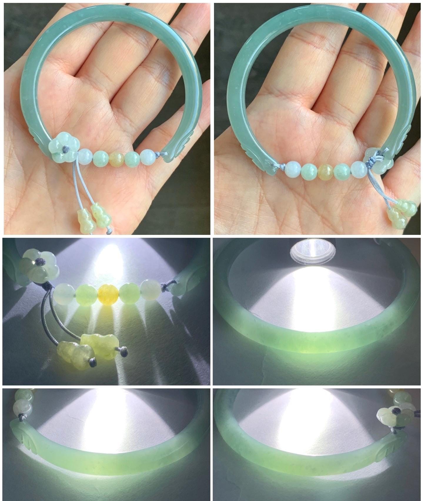 Natural Guatemalan Icy Translucent Light Dusty Teal Blue Jadeite Open Skinny Bangle Beaded Bracelet 54.7mm 6.75” 17g 天然冰危淡蓝翡翠开口镯手串 HBS123