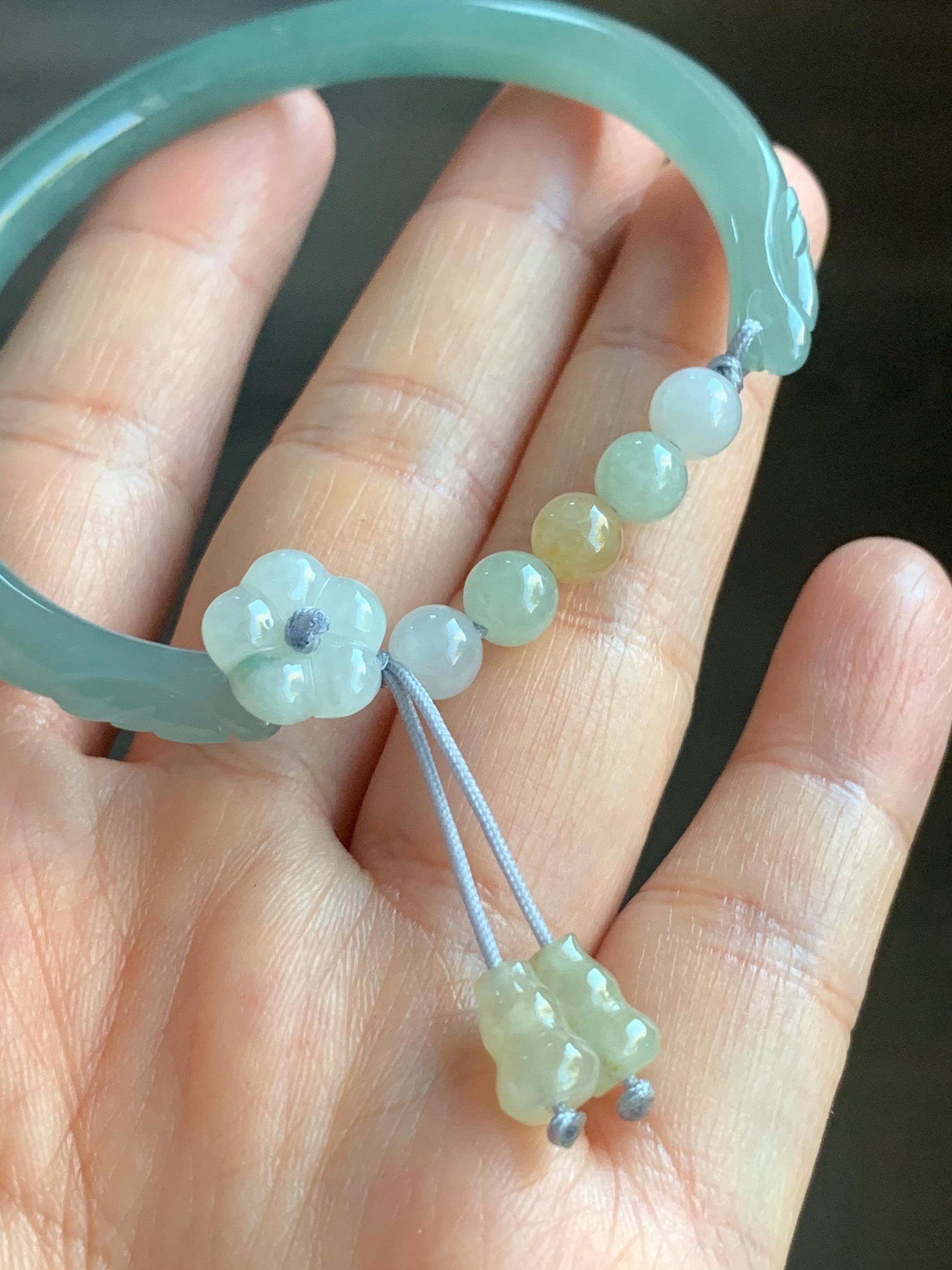 Natural Guatemalan Icy Translucent Light Dusty Teal Blue Jadeite Open Skinny Bangle Beaded Bracelet 54.7mm 6.75” 17g 天然冰危淡蓝翡翠开口镯手串 HBS123