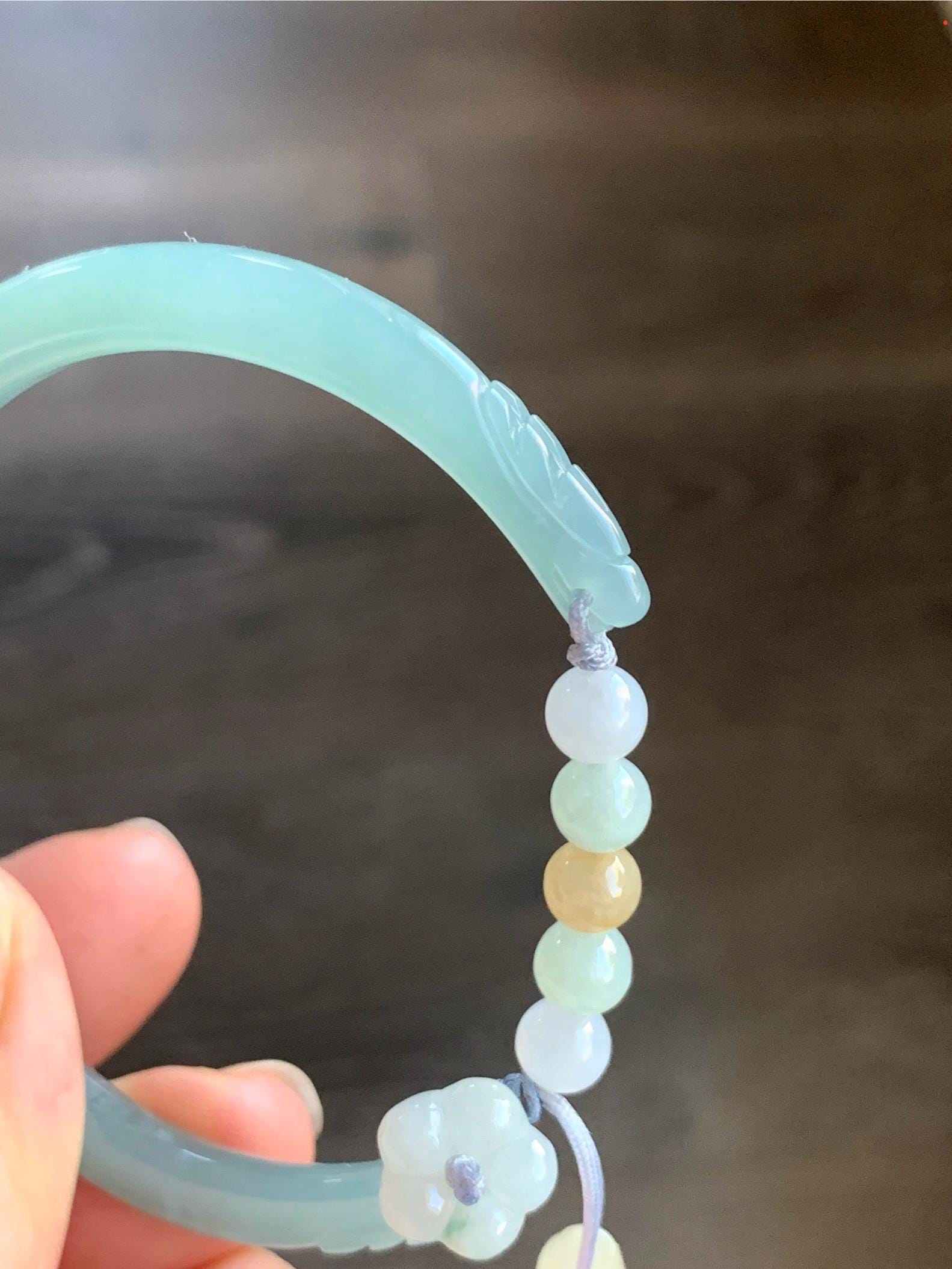 Natural Guatemalan Icy Translucent Light Dusty Teal Blue Jadeite Open Skinny Bangle Beaded Bracelet 54.7mm 6.75” 17g 天然冰危淡蓝翡翠开口镯手串 HBS123