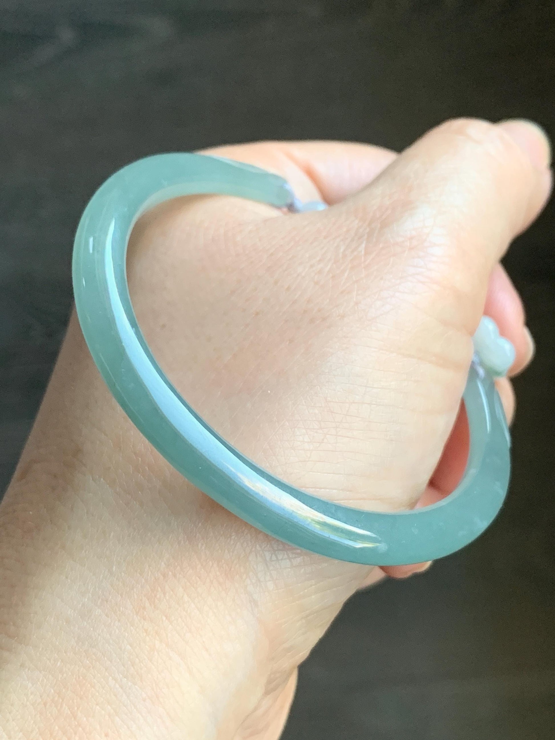 Natural Guatemalan Icy Translucent Light Dusty Teal Blue Jadeite Open Skinny Bangle Beaded Bracelet 54.7mm 6.75” 17g 天然冰危淡蓝翡翠开口镯手串 HBS123