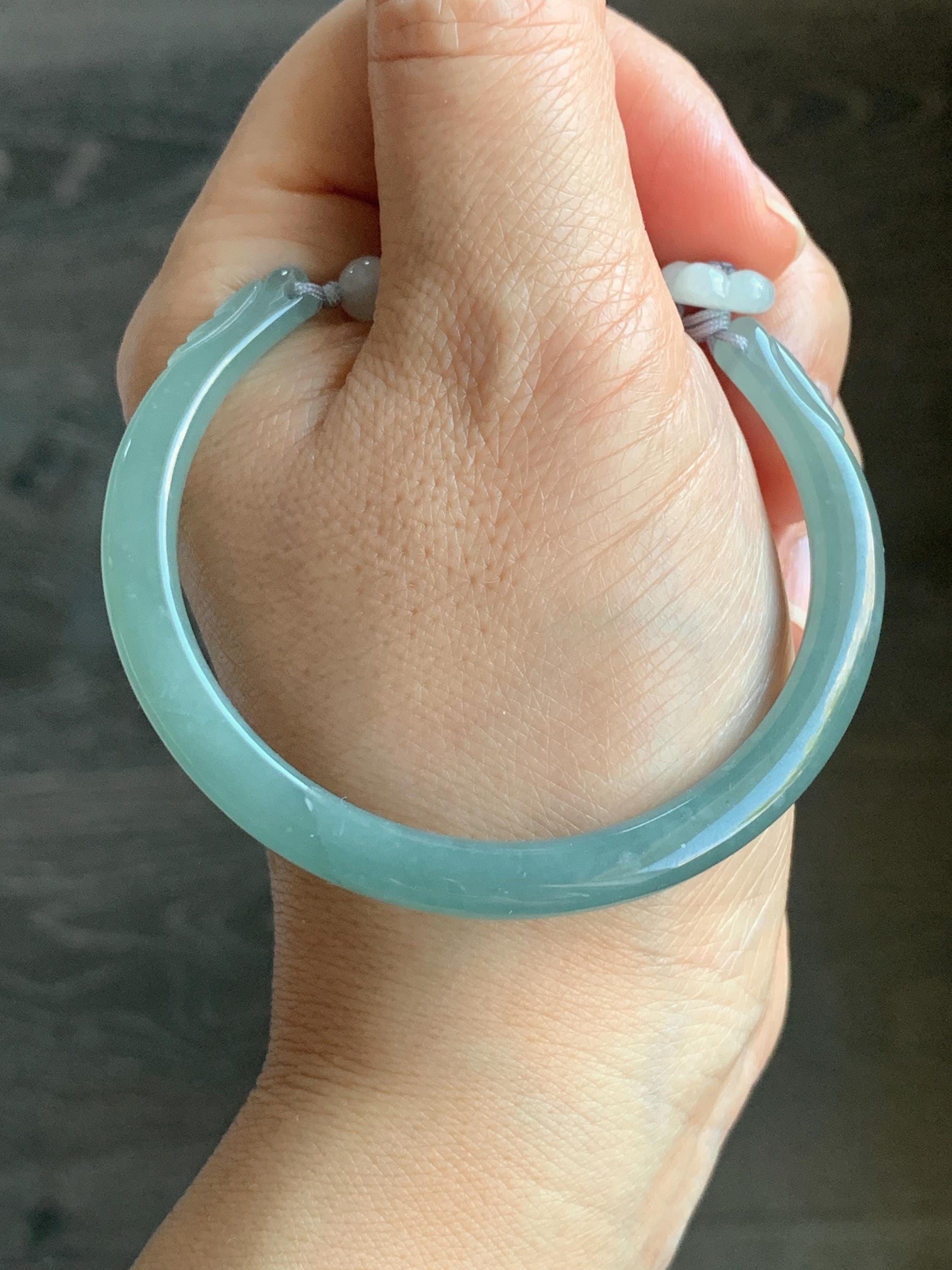 Natural Guatemalan Icy Translucent Light Dusty Teal Blue Jadeite Open Skinny Bangle Beaded Bracelet 54.7mm 6.75” 17g 天然冰危淡蓝翡翠开口镯手串 HBS123