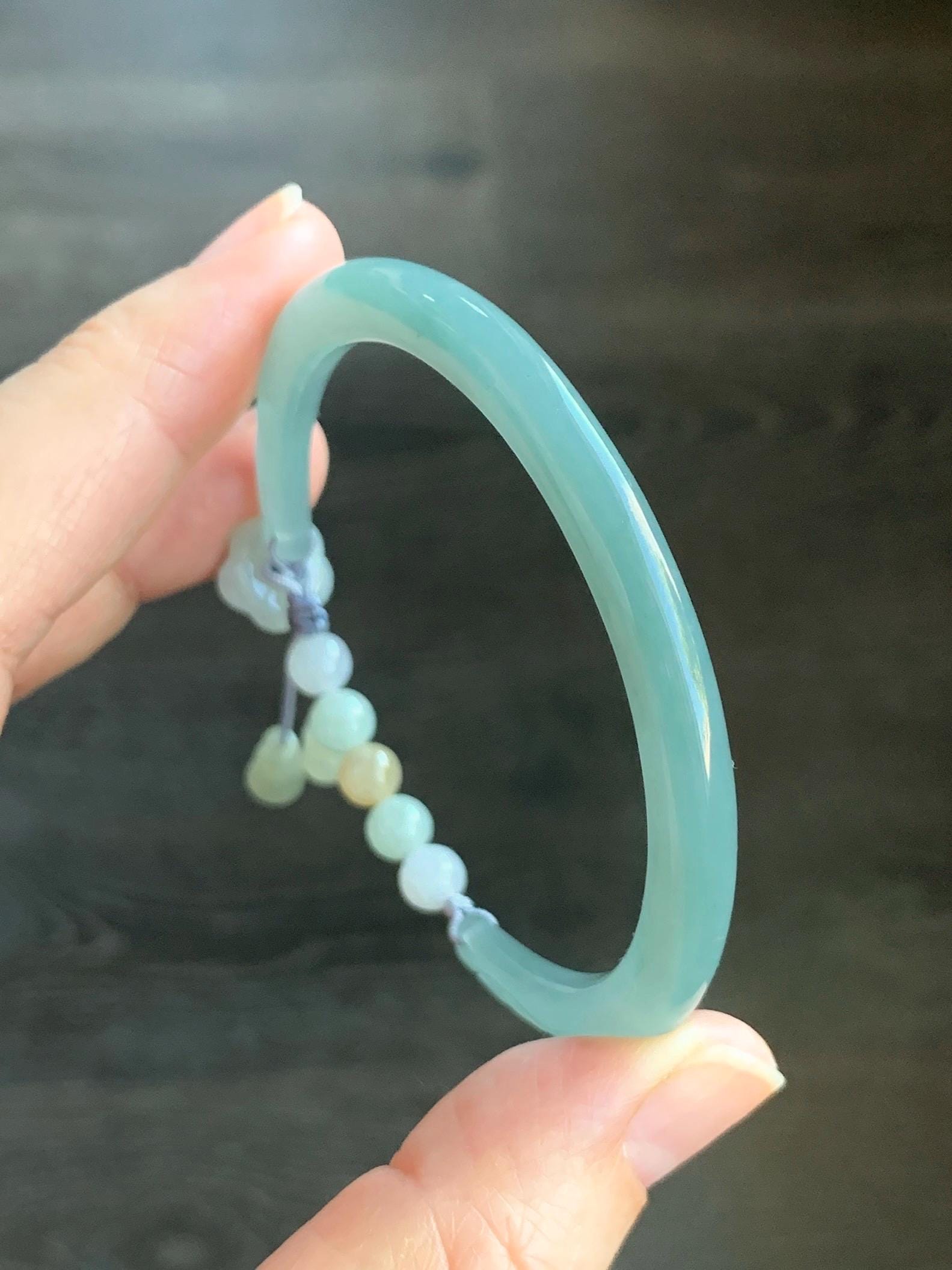 Natural Guatemalan Icy Translucent Light Dusty Teal Blue Jadeite Open Skinny Bangle Beaded Bracelet 54.7mm 6.75” 17g 天然冰危淡蓝翡翠开口镯手串 HBS123
