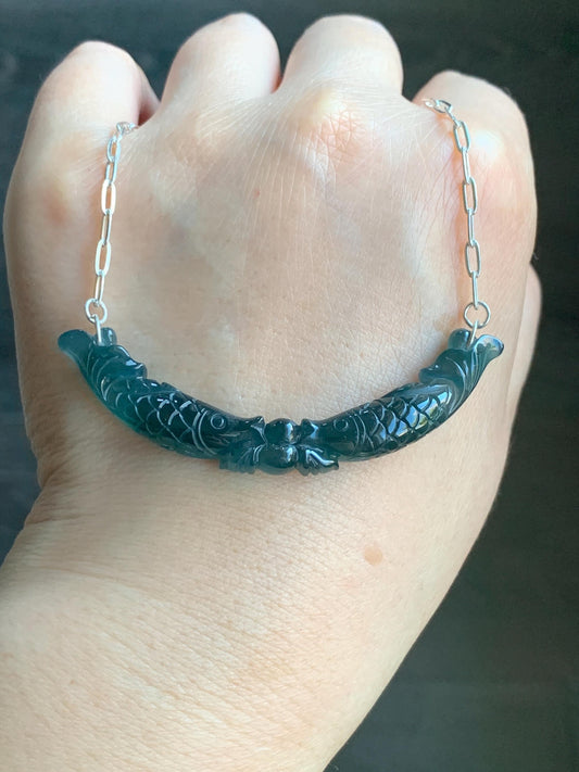 Natural Guatemalan Icy Translucent Deep Teal Blue Jadeite Double Fish Crescent Pendant 999 Sterling Silver Necklace 20” 天然冰胶危料湖水蓝翡翠双鱼玉横足银项链