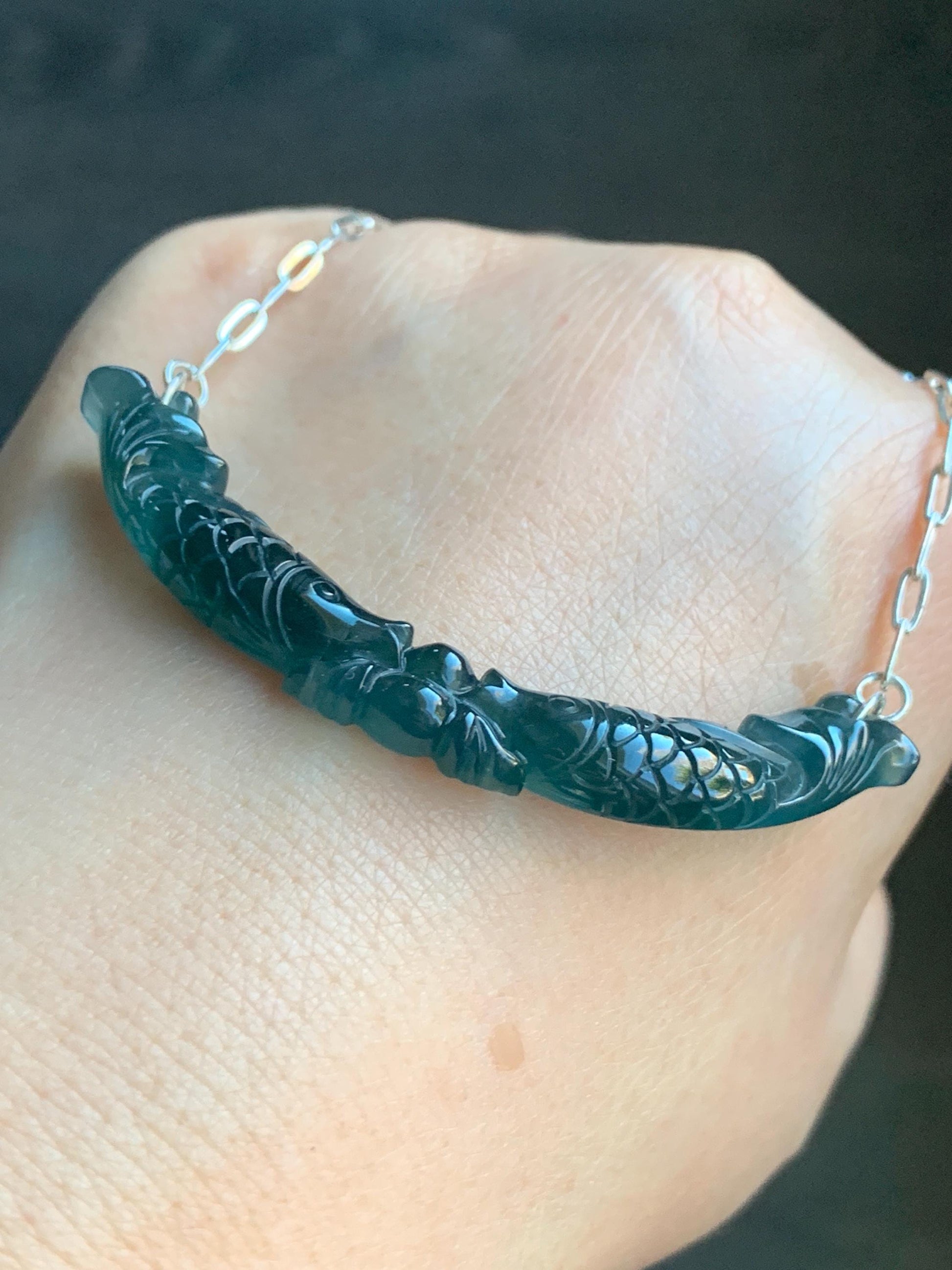 Natural Guatemalan Icy Translucent Deep Teal Blue Jadeite Double Fish Crescent Pendant 999 Sterling Silver Necklace 20” 天然冰胶危料湖水蓝翡翠双鱼玉横足银项链
